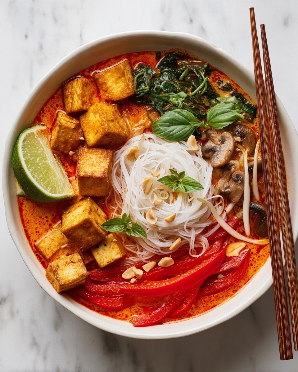A white bowl filled with rich orange-red soup forms the base layer, topped with two neat nests of thin, white rice noodles positioned on the left side. Scattered throughout the soup are golden brown pieces of cooked tofu, slices of dark brown mushrooms, bright red strips of bell pepper, and dark green leafy herbs. Fresh green basil leaves and chopped green onions add vibrant color on top. Crushed peanuts are sprinkled lightly across the dish, and a wedge of lime rests on the bowl's right edge. Light wood chopsticks with black tips lie on the right side of the bowl, set against a white marbled surface. photo taken with an iphone --ar 4:5 --v 7