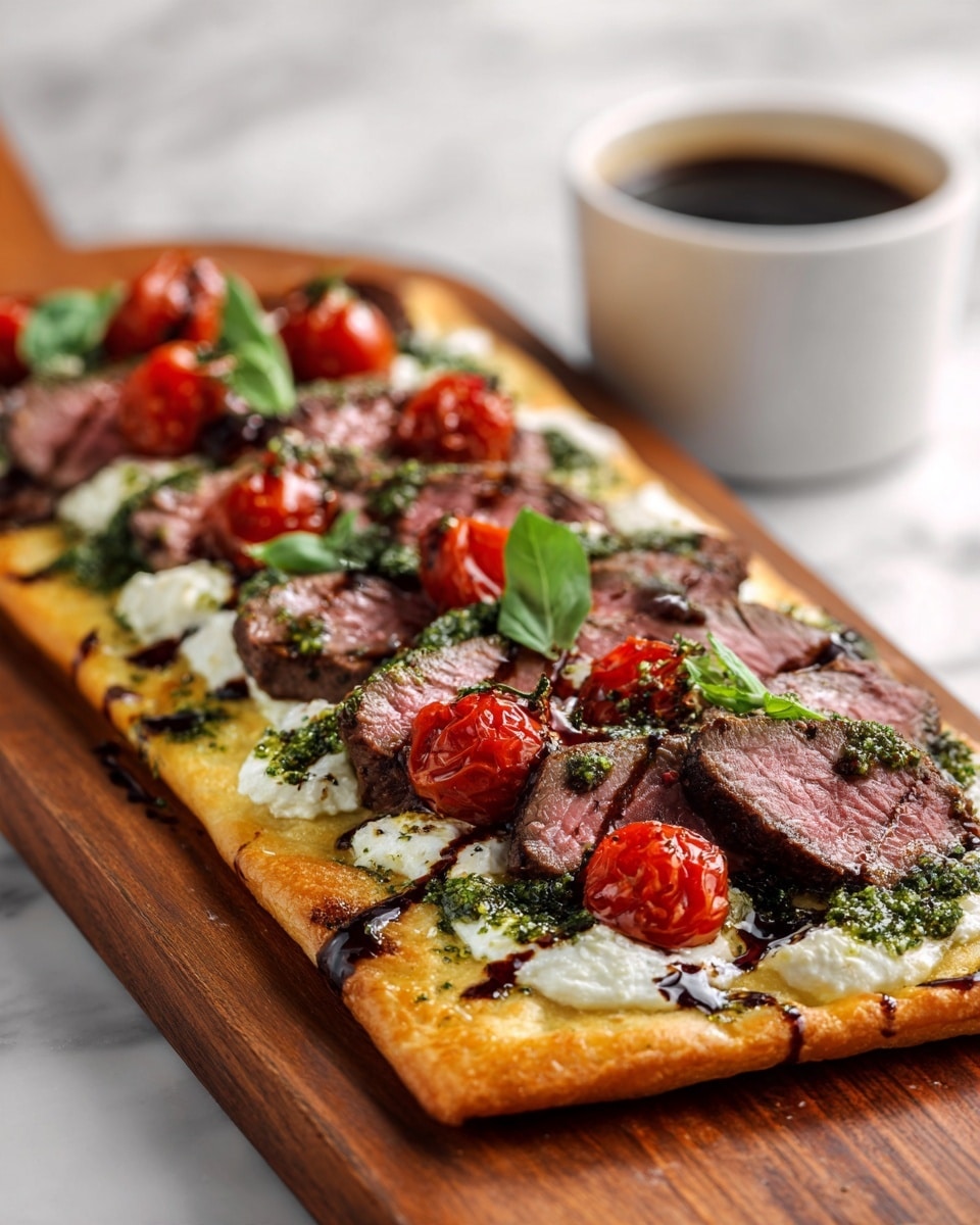 The image shows a flatbread pizza cut into slices on a wooden board. The base is a golden brown flatbread with a slightly crisp edge. On top, there are four main layers: first, creamy white cheese spread unevenly but generously across the flatbread; second, slices of medium-rare steak, pink in the middle with a dark brown seared edge, placed in overlapping rows; third, roasted small red cherry tomatoes scattered on top, shiny with slight charring; fourth, a green pesto sauce drizzled over the steak and tomatoes, adding a fresh texture and color. A few fresh green basil leaves decorate some slices, and there is a dark balsamic glaze drizzled in thin lines over the entire flatbread. The background is a white marbled texture, and a small container of dark dipping sauce is blurred in the upper left corner. A woman's hand is holding one slice slightly. Photo taken with an iphone --ar 4:5 --v 7