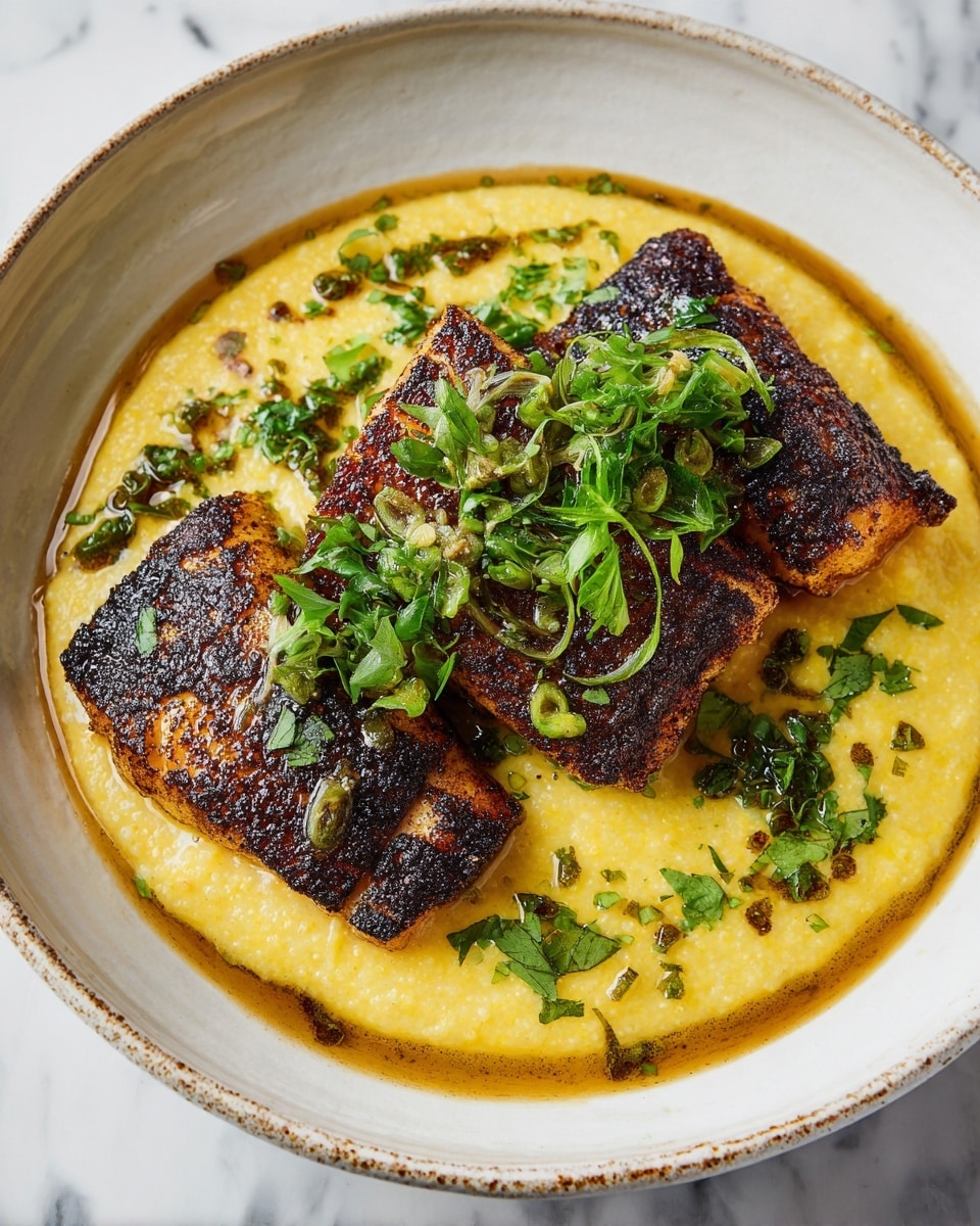 The dish shows a white bowl filled with a thick layer of creamy yellow polenta as the base, topped with three browned and slightly charred pieces of seasoned food, arranged in a small stack in the center. A light brown sauce with visible small bits and a smooth texture covers the top pieces and pools slightly around the polenta. Scattered bright green chopped scallions and fresh parsley leaves garnish the top, adding fresh color contrast. The bowl sits on a white marbled surface. photo taken with an iphone --ar 4:5 --v 7