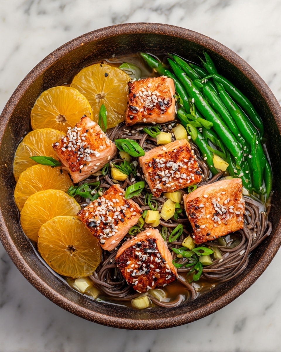 A bowl holds three main layers: at the bottom, dark brown soba noodles twisted into neat bundles, surrounded by light brown broth; on top of the noodles, bright green vegetables placed in a scattered way; on the top layer, five pieces of golden-brown cooked salmon, each sprinkled with white sesame seeds and thin green onion slices, along with thin slices of orange lemon placed between the salmon pieces. The bowl is speckled grey with a darker rim, and it sits on a white marbled surface. photo taken with an iphone --ar 4:5 --v 7