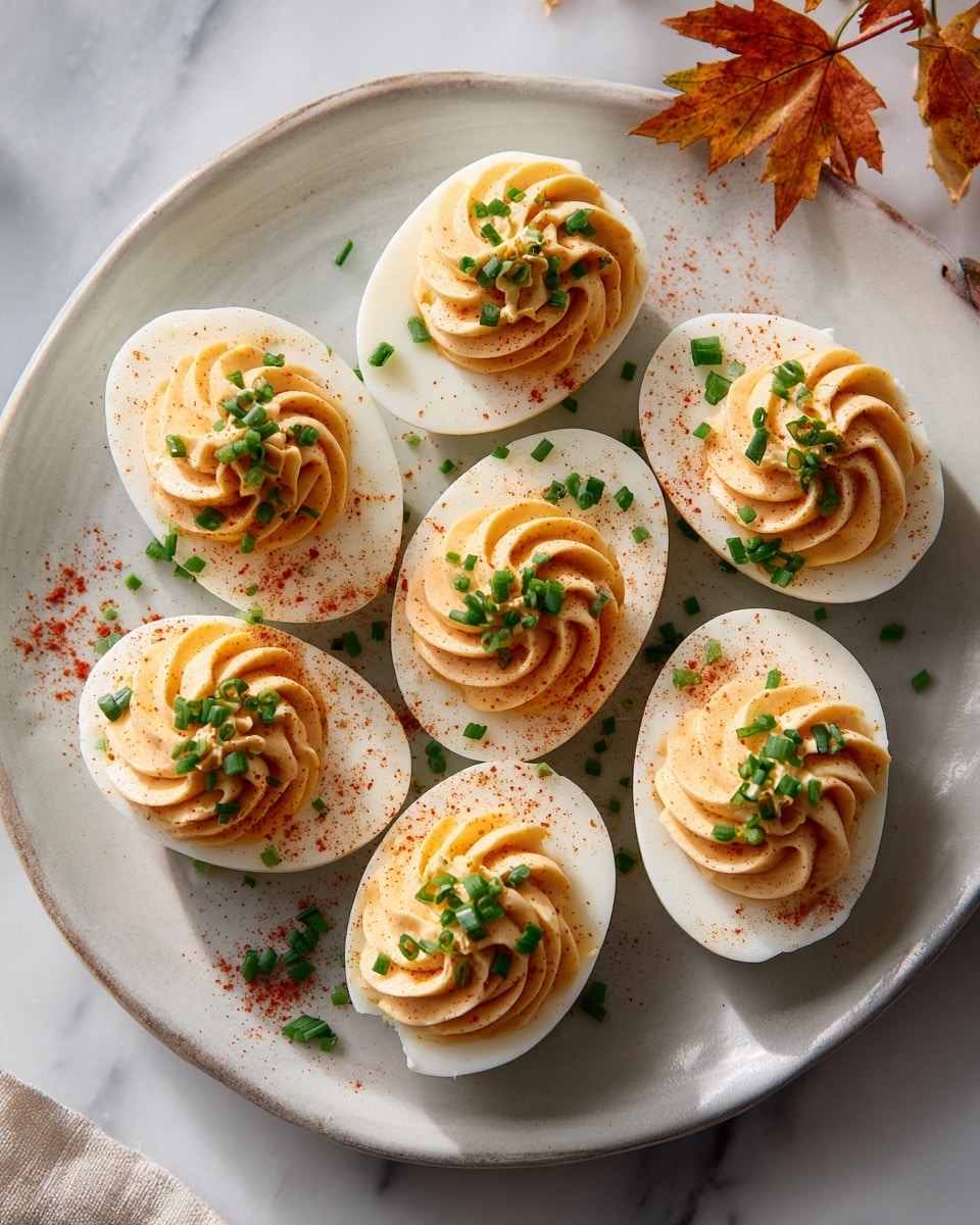 The image shows a white round plate on a white marbled surface holding seven deviled eggs arranged in a circle. Each egg half has a smooth, creamy orange filling swirled on top, decorated with small sprinklings of red spice, likely paprika, and small, bright green chopped chives scattered on and around the eggs. The white of the eggs contrasts with the orange filling and green garnish, making the dish colorful and inviting. Small specks of red spice and chives are scattered on the plate, adding to the visual texture. A few autumn-colored leaves are visible on the white marbled background. Photo taken with an iphone --ar 4:5 --v 7