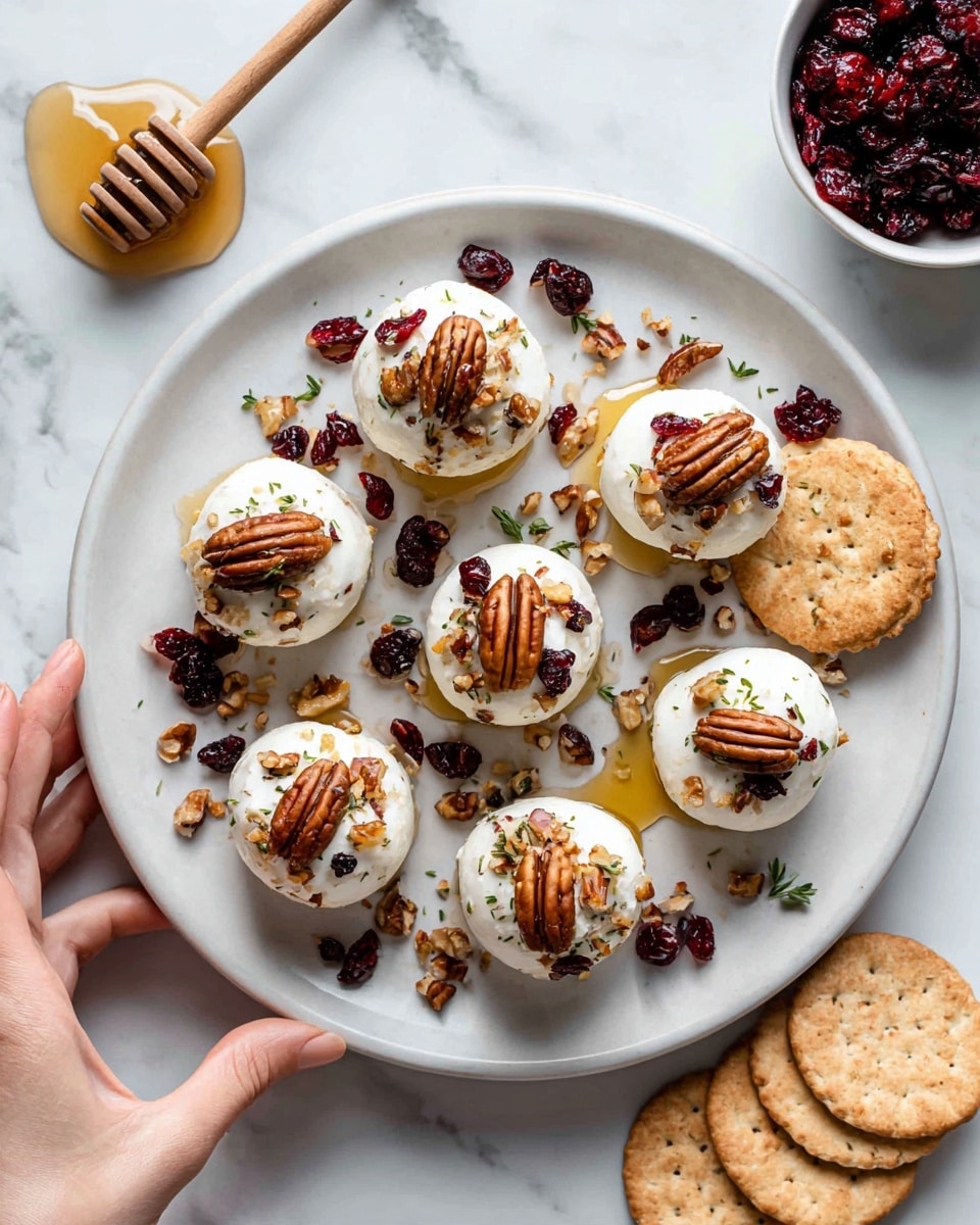 The image shows a white plate with 12 round balls of white cream cheese, each topped with a drizzle of golden honey, a whole pecan, and small chopped nuts and dried red cranberries scattered on and around them. To the back left of the plate, there are five light brown round crackers arranged in a fan shape. Next to the crackers, there is a small white bowl filled with dark red dried cranberries and nuts. The plate sits on a white marbled surface with a wooden honey dipper and a beige cloth partially visible in the background, along with some red leaves for decoration. Photo taken with an iphone --ar 4:5 --v 7