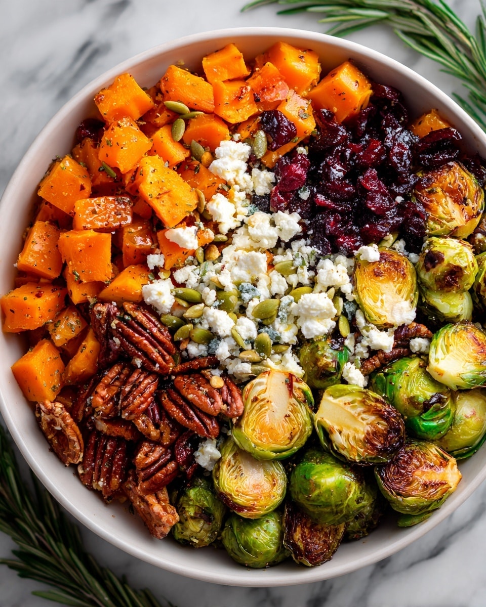 A white bowl filled with a colorful mix of roasted vegetables and nuts is placed on a white marbled surface. The dish has chunky orange pieces of butternut squash, green Brussels sprouts with a slightly crispy texture, dark brown toasted pecans, small white crumbles of cheese, pumpkin seeds scattered on top, and some dark red dried cranberries mixed throughout. The layers blend together, showing a balance of bright and earthy colors with a glossy finish on the roasted veggies. Photo taken with an iphone --ar 4:5 --v 7
