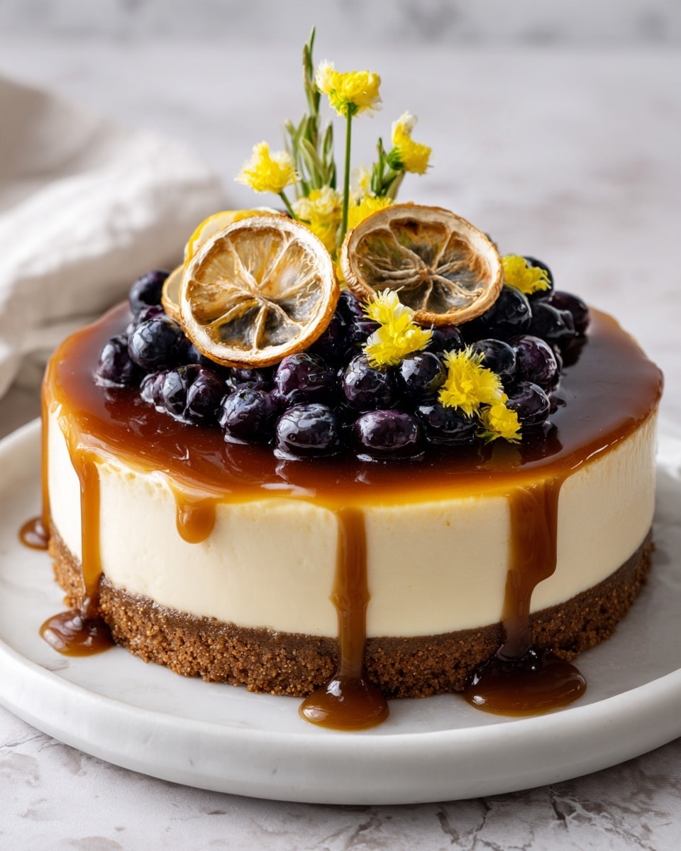 A cheesecake with three clear layers sits on a white plate on a white marbled surface. The bottom layer is a thick, crumbly, brown crust. The middle layer is a smooth, creamy pale yellow cheesecake. The top layer is a shiny, dark caramel glaze that drips slightly down the sides, with a drop pooling at the base. On top of the caramel sits a mound of glossy, dark purple blueberries, which are topped with thin, round, dried lemon slices in shades of light brown and tan. Small clusters of tiny yellow flowers are arranged on top of the lemon slices. In the background, a whole yellow lemon is softly blurred. Photo taken with an iphone --ar 4:5 --v 7