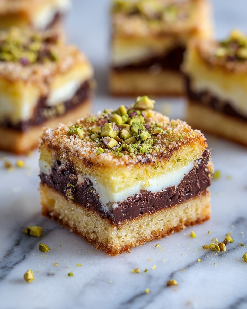 A close-up view of a square piece of cake showing three layers: the bottom layer is a golden, soft textured cake, the middle layer is melted dark chocolate with some white cream swirled in, and the top layer is a crumbly, slightly golden crust sprinkled with chopped green pistachios. The cake's edges are a bit darker brown, and some crushed pistachios are scattered on and around it. The background surface is a white marbled texture. Photo taken with an iphone --ar 4:5 --v 7