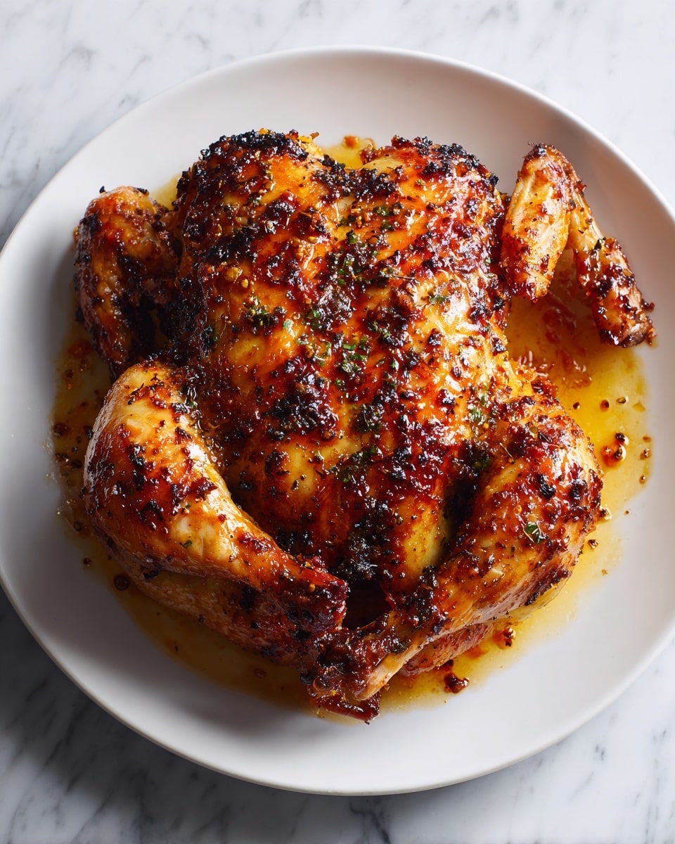 A whole roasted chicken with a shiny, dark brown glaze sits centered on a large white plate. The chicken skin is golden with some charred spots, showing a textured, slightly crispy surface. The glaze creates a smooth, glossy layer, and the skin shows visible black pepper and seasoning specks. The wings and legs are spread out neatly, showing the cooked texture and some darker, caramelized areas. The plate rests on a white marbled surface. photo taken with an iphone --ar 4:5 --v 7