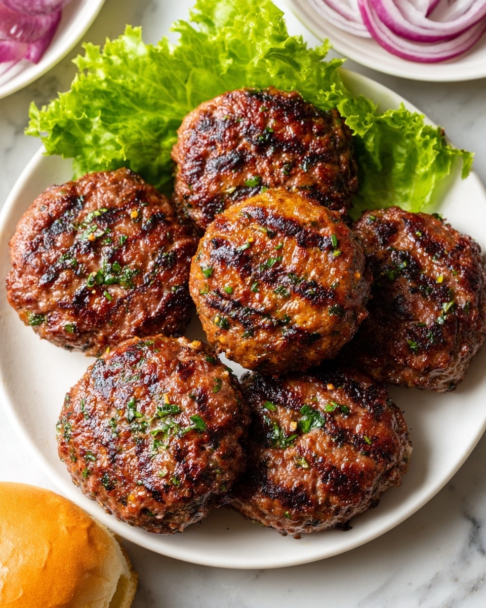 The image shows a white plate filled with six round grilled meat patties, each with a rich brown color and a shiny, slightly oily surface. The patties have a textured look with small bumps and grill marks, and some are topped with small pieces of fresh green herbs. Part of a white bowl with fresh green lettuce and sliced red onion is visible in the top left corner, along with a soft, light golden-brown hamburger bun at the bottom left. The whole scene is set on a white marbled texture surface. photo taken with an iphone --ar 4:5 --v 7