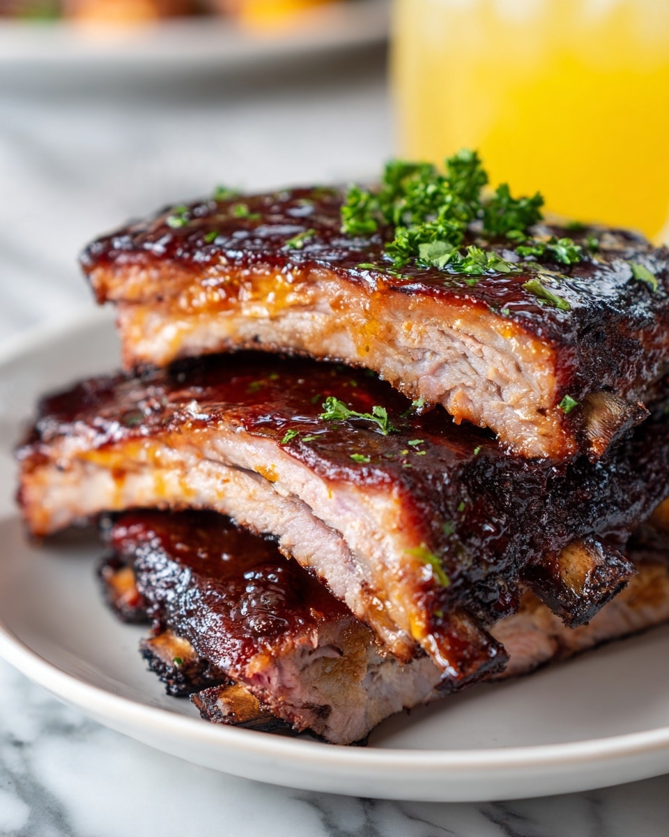 The image shows a white bowl filled with several pieces of ribs. The ribs have a rich, dark brown glazed surface with a shiny texture, showing caramelized edges and a saucy coating. The thick meat inside the ribs is light pinkish-beige with a smooth texture. Some green parsley garnish sits in the back left corner of the bowl. In the blurry background, there is a yellow drink in a glass. The bowl sits on a white marbled texture surface. photo taken with an iphone --ar 4:5 --v 7