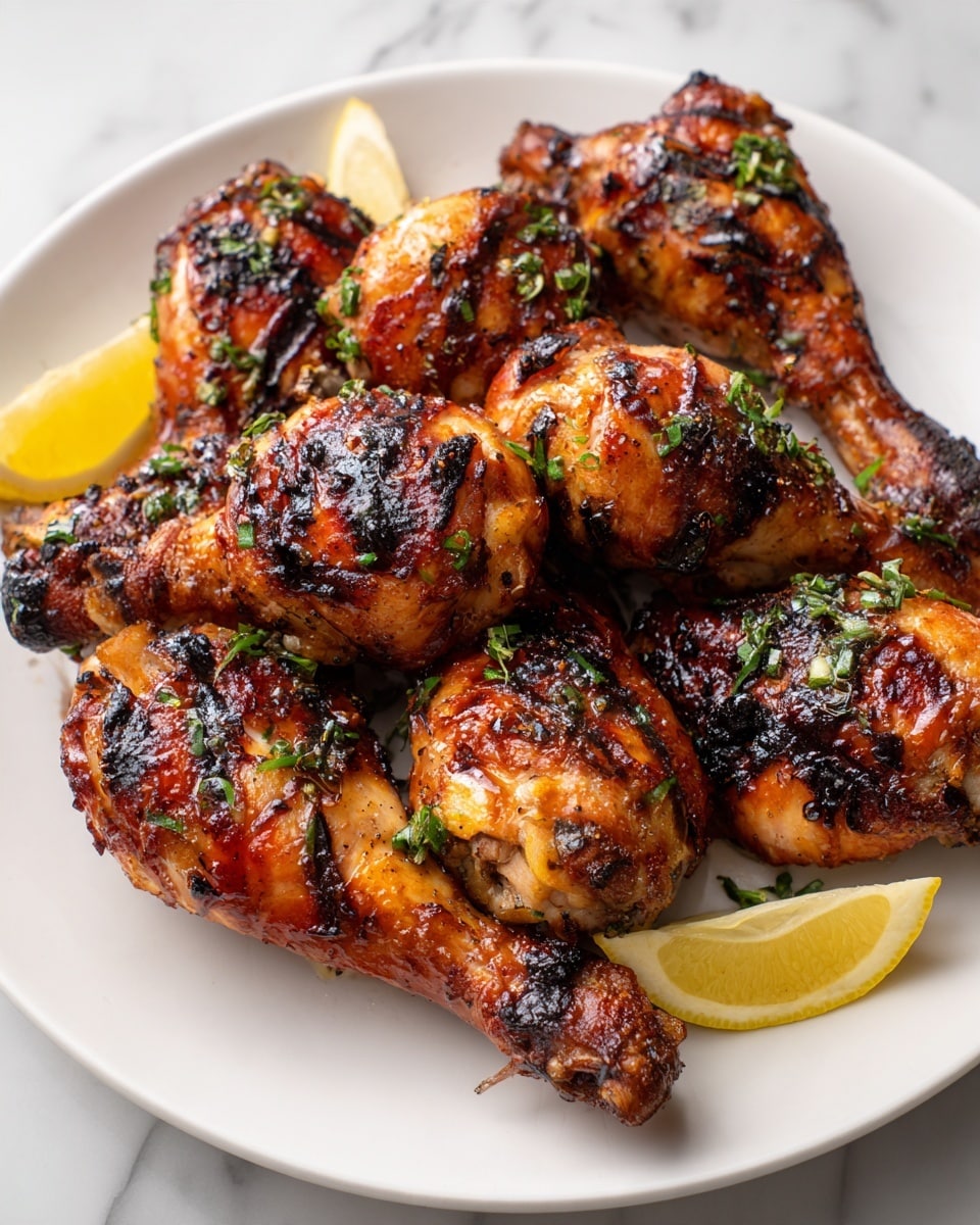 A white plate holds a stack of grilled drumsticks coated in a shiny, dark reddish-brown sauce with visible grill marks and small blackened spots. Small green herb pieces are sprinkled over the chicken, adding light green accents. On the top edge of the plate, there are two thin lemon slices with a pale yellow color and visible seeds. The plate sits on a white marbled surface, giving a clean and bright background. Photo taken with an iphone --ar 4:5 --v 7
