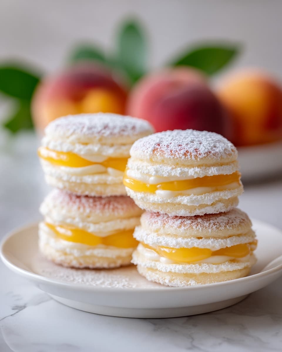 Four small round cakes sit on a white plate over a white marbled surface. Each cake has two soft, powdery cream-colored layers with a dusting of white powdered sugar on top, and a slight pinkish tint on the upper layer edges. Between the layers is a bright yellow fruit filling that looks smooth and juicy, with a thin layer of light brown jam or syrup peeking out from the sides. In the background, two whole peaches are blurred, giving a fresh, fruity feel to the image. Photo taken with an iphone --ar 4:5 --v 7