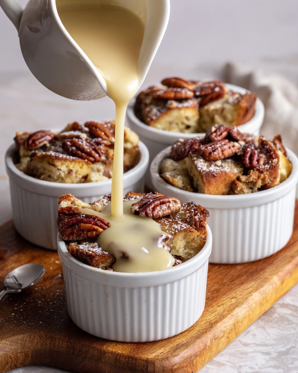 The image shows one large white ceramic ramekin filled with a bread pudding dessert topped with pecans and dusted with powdered sugar. The bread pudding has a browned, crispy top layer with chunks of golden baked bread, and pecans are scattered on the surface. Cream is being poured from a small white pitcher onto the bread pudding, creating a smooth, shiny layer of liquid pooling in the center. Behind the front ramekin, three more white ramekins filled with similar bread pudding are partially visible. All the ramekins are placed on a wooden board resting on a white marbled surface. Photo taken with an iphone --ar 4:5 --v 7