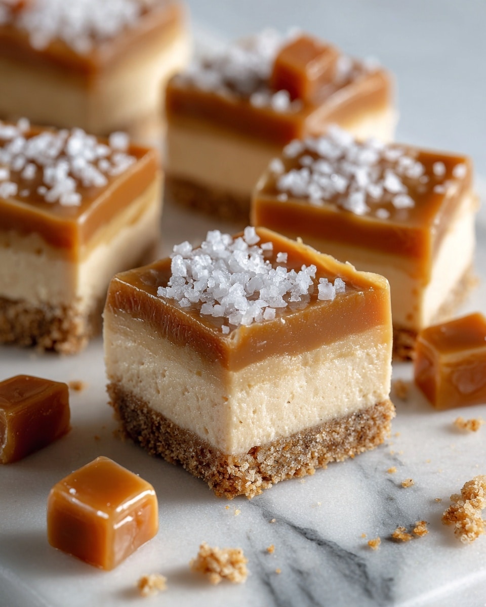 The image shows several square dessert bars, each with three clear layers. The bottom layer is crumbly and golden brown, looking like a cookie or biscuit base. The middle layer is thick, creamy, and pale yellow, resembling a cheesecake filling. The top layer is a smooth, shiny caramel in a rich amber color, sprinkled with coarse white salt crystals. Some caramel cubes are scattered nearby on a white marbled surface. The bars are neatly arranged in the background, showing uniform size and clean edges, photo taken with an iphone --ar 4:5 --v 7