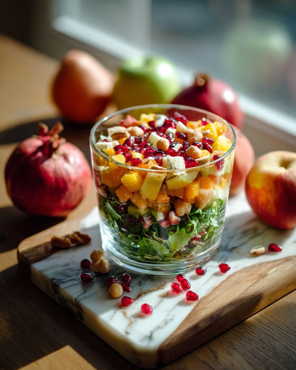 A clear glass bowl holds a colorful salad with three main layers: the bottom layer is bright green leafy vegetables, the middle layer has yellow chunks of fruit or vegetable, and the top layer shows red pomegranate seeds scattered along with small white pieces that might be nuts or cheese. The bowl sits on a light wooden surface with whole fruits around it, including two red pomegranates, a green apple, and a peach. The whole scene is bright and fresh, with a natural look. photo taken with an iphone --ar 4:5 --v 7