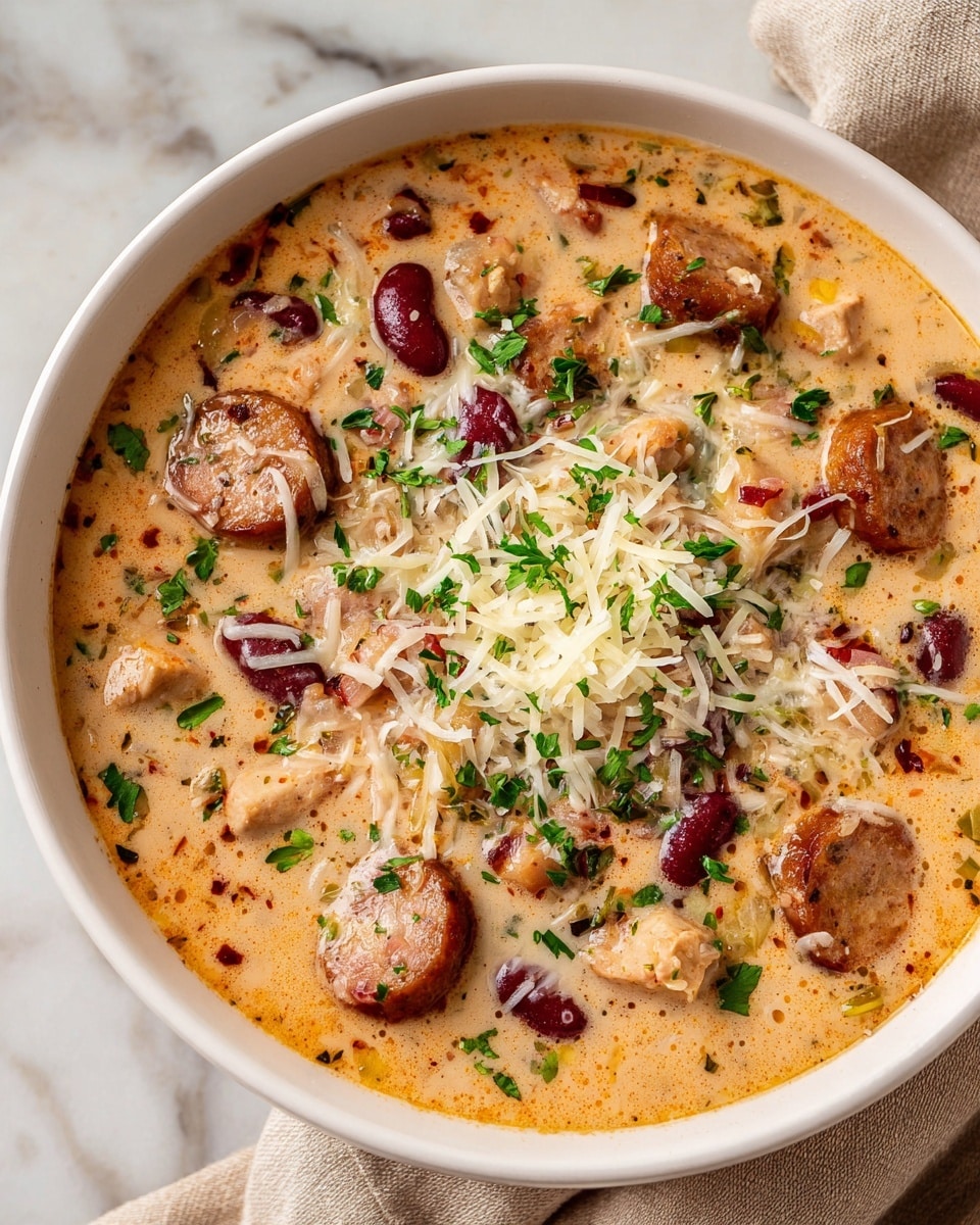 A white bowl filled with creamy soup showing three main layers: a thick, light orange creamy base, large pieces of light brown cooked chicken, and dark red kidney beans plus smaller beige beans scattered throughout. On top, there are crispy browned sausage slices placed around the bowl, some sweet corn kernels adding yellow spots, and a small heap of shredded white cheese in the center. Bright green chopped herbs are sprinkled over all, giving a fresh look. The bowl sits on a white marbled surface. photo taken with an iphone --ar 4:5 --v 7