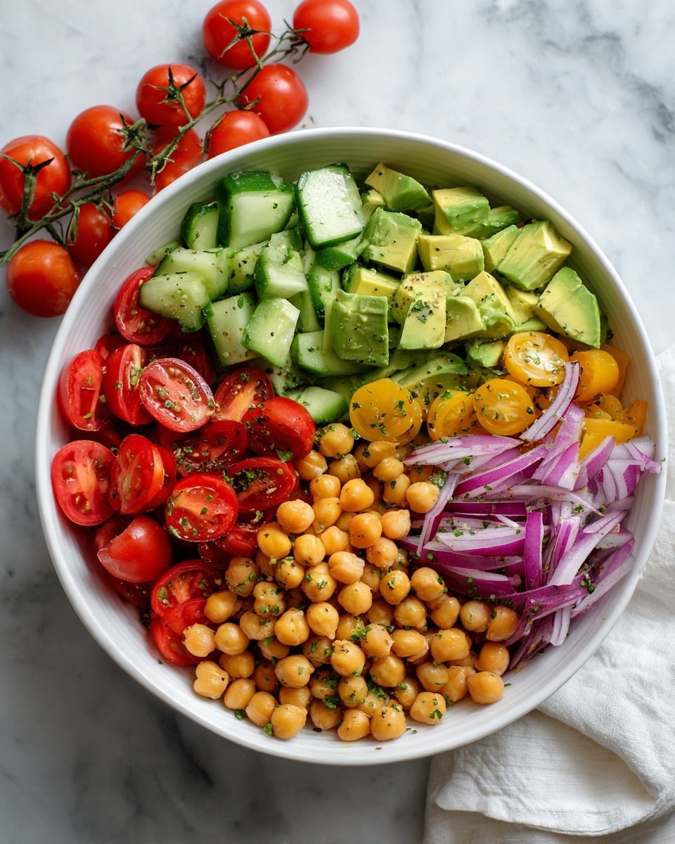 The image shows a close-up of a black bowl filled with a colorful salad placed on a white marbled surface. The salad has four main layers: chunky green avocado pieces with a creamy texture, bright red tomato chunks, light beige chickpeas, and thin slices of purple-red onion. The ingredients are mixed evenly with some chopped green herbs scattered on top, adding small green specks throughout. The colors are vivid and fresh, and the bowl is partly surrounded by some red cherry tomatoes still on their vine and a folded beige cloth nearby. Photo taken with an iphone --ar 4:5 --v 7