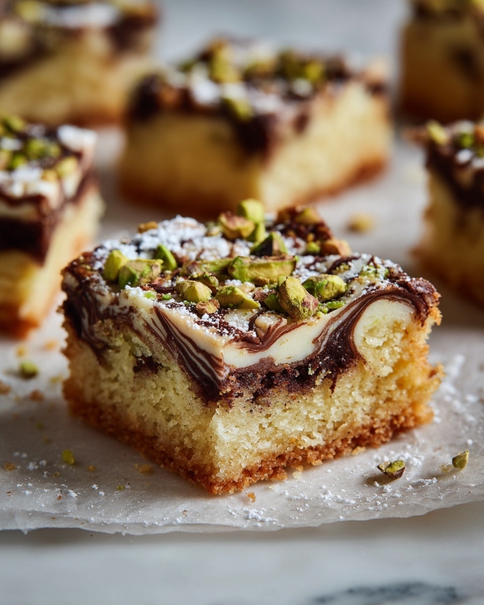 The image shows a close-up of a single square piece of cake with three visible layers. The bottom layer is a dense, golden-brown cake base with a slightly crumbly texture. The middle layer has a thick, melted dark chocolate streak mixed with a bit of white chocolate, creating a marbled effect. The top layer is a light brown crumbly texture sprinkled with crushed green pistachio nuts, adding a pop of color. The cake piece sits on a light beige surface, with more of the same cake blurred in the background. photo taken with an iphone --ar 4:5 --v 7
