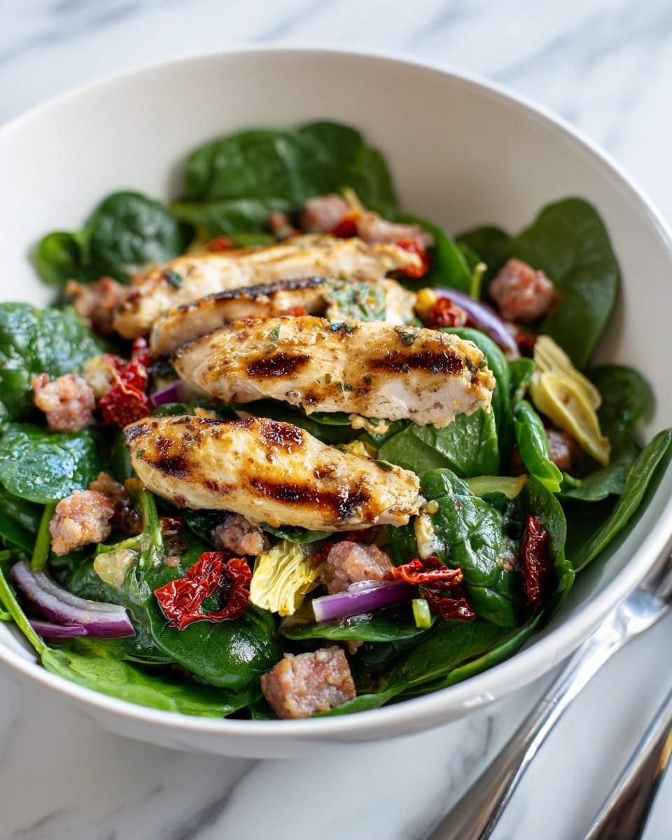 A white bowl holds a fresh salad with three main layers: the bottom layer is dark green fresh spinach leaves with a smooth, slightly shiny texture; on top of that are scattered pieces of red onion with a soft, translucent purple color and small pieces of sun-dried tomatoes, deep red and wrinkly; the top layer features golden-brown grilled chicken chunks with a slightly charred look, mixed with small pieces of pinkish-red salami and pale yellow artichoke slices. The salad is arranged to show all layers clearly, with a silver fork on the white marbled surface next to the bowl. Photo taken with an iphone --ar 4:5 --v 7
