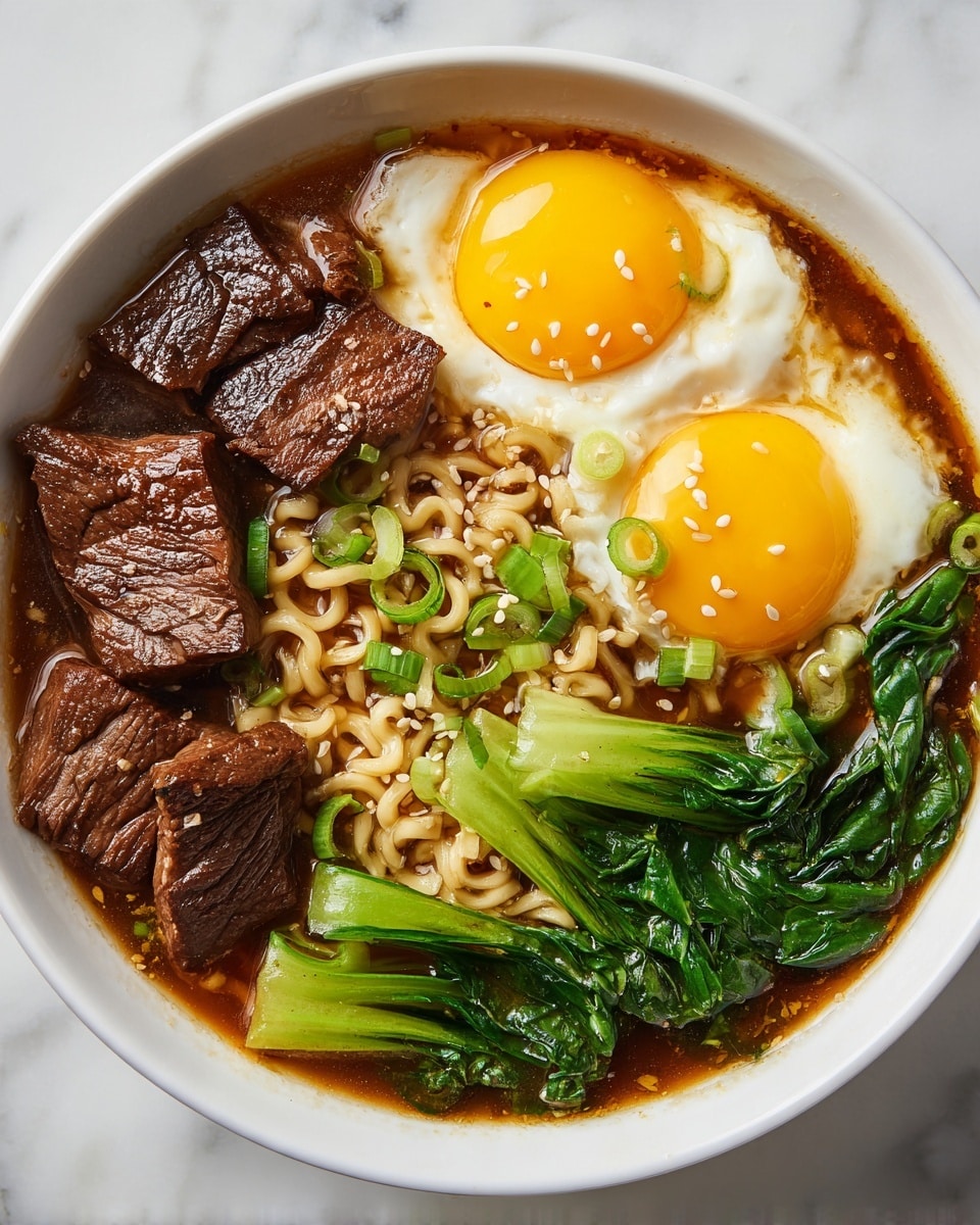 A white bowl on a white marbled surface holds a rich noodle soup with four main layers. On the bottom, soft yellow wavy noodles are soaked in a dark brown broth. On one side, several pieces of dark brown, cooked beef sit neatly. Next to the beef, two bright yellow sunny-side-up eggs with shiny yolks and slightly crispy white edges rest. On the opposite side, a bunch of deep green cooked leafy vegetables adds contrast. Small green onion slices and light sesame seeds are sprinkled on top, enhancing the fresh and inviting look. Photo taken with an iphone --ar 4:5 --v 7