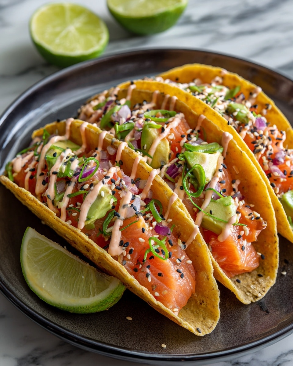 This image shows five crispy golden brown taco shells filled with a colorful mix of small, chunky orange salmon pieces layered at the bottom, topped with chopped light green cucumber and bits of purple onion. Over this filling, there is a light orange creamy sauce drizzled in a zigzag pattern. On top, thin green spirals of green onion and a mix of white and black sesame seeds are sprinkled. The tacos rest on a dark plate with lime wedges on the side, all set against a white marbled texture background. photo taken with an iphone --ar 4:5 --v 7