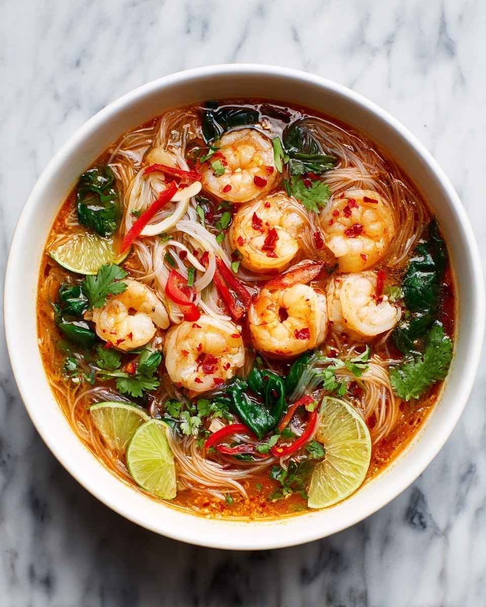 A white bowl filled with a golden-orange broth holds thin, translucent rice noodles loosely twisted in two small piles. On top are five pink shrimp with light red flakes sprinkled over them. Bright green spinach leaves and fresh cilantro leaves are scattered around, with a few soft, beige mushroom slices and thin red pepper strips adding color. Two lime wedges, one on the right side and one near the bottom, brighten the bowl. The bowl is set on a wooden board with a white marbled background around it. photo taken with an iphone --ar 4:5 --v 7
