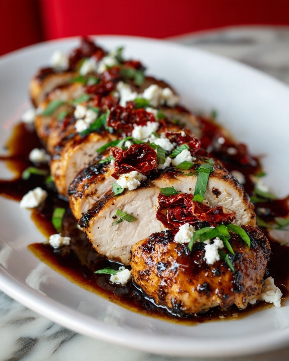 In the white plate, there are five thick pieces of grilled chicken with a dark brown, slightly charred surface. Each piece is topped with crumbled white cheese, bright green thinly sliced basil leaves, and dark red dried tomato pieces. A glossy dark balsamic glaze is drizzled over the chicken and cheese, adding shine and contrast. The plate sits on a white marbled surface, blending softly with the bright colors and textures of the dish. Photo taken with an iphone --ar 4:5 --v 7