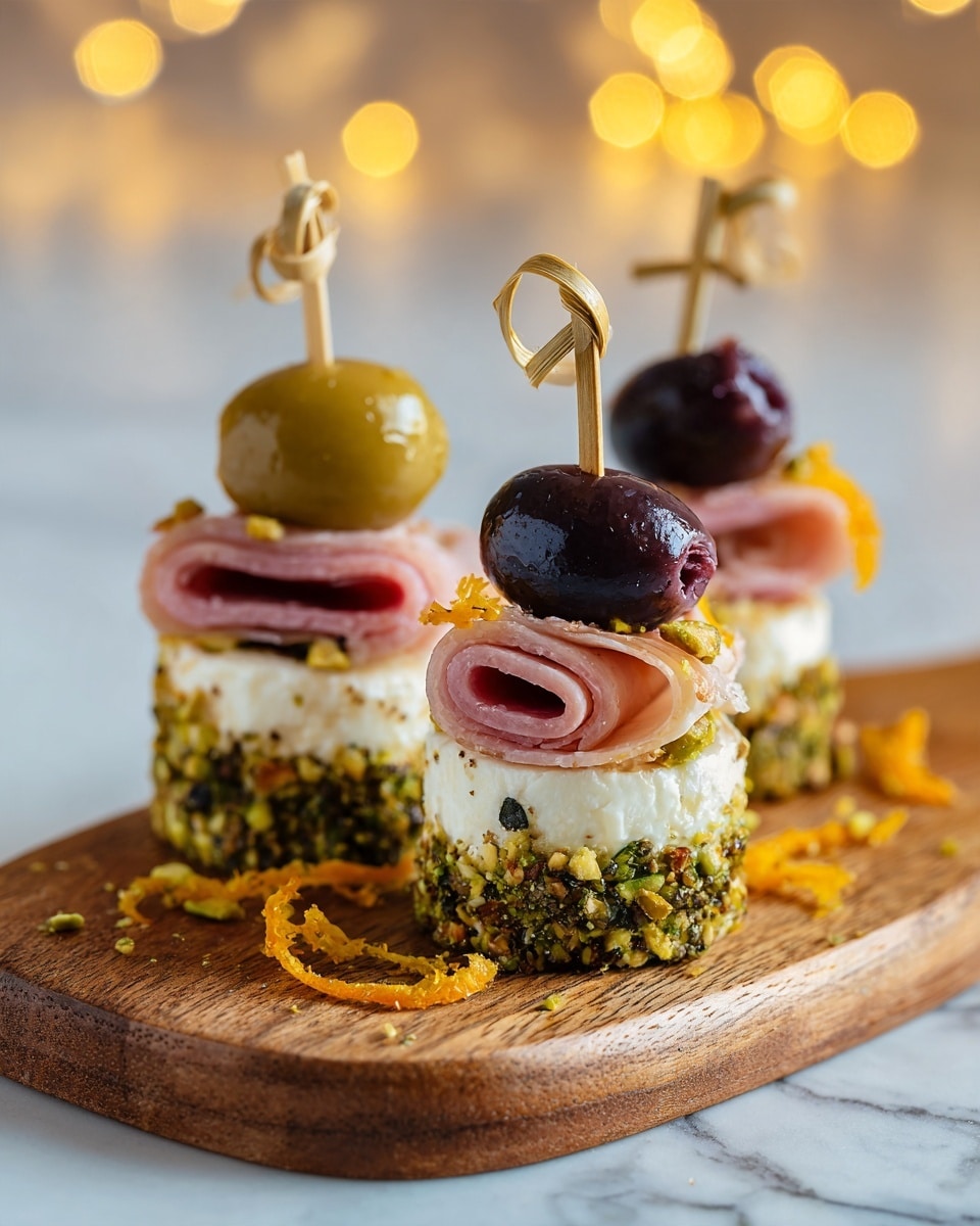 The image shows three small round appetizers placed on a wooden board with a white marbled background. Each appetizer has a base layer covered with crushed green pistachio nuts giving it a rough texture. On top of the base is a smooth white cheese layer, followed by a thin folded pink slice of ham. Above the ham, there is a dark purple olive, and on top of the olive sits a green olive with a visible red pimento inside. A small wooden skewer with a decorative top pierces through all the layers holding them together. Small pieces of pistachio and orange zest are scattered around the appetizers. Photo taken with an iphone --ar 4:5 --v 7