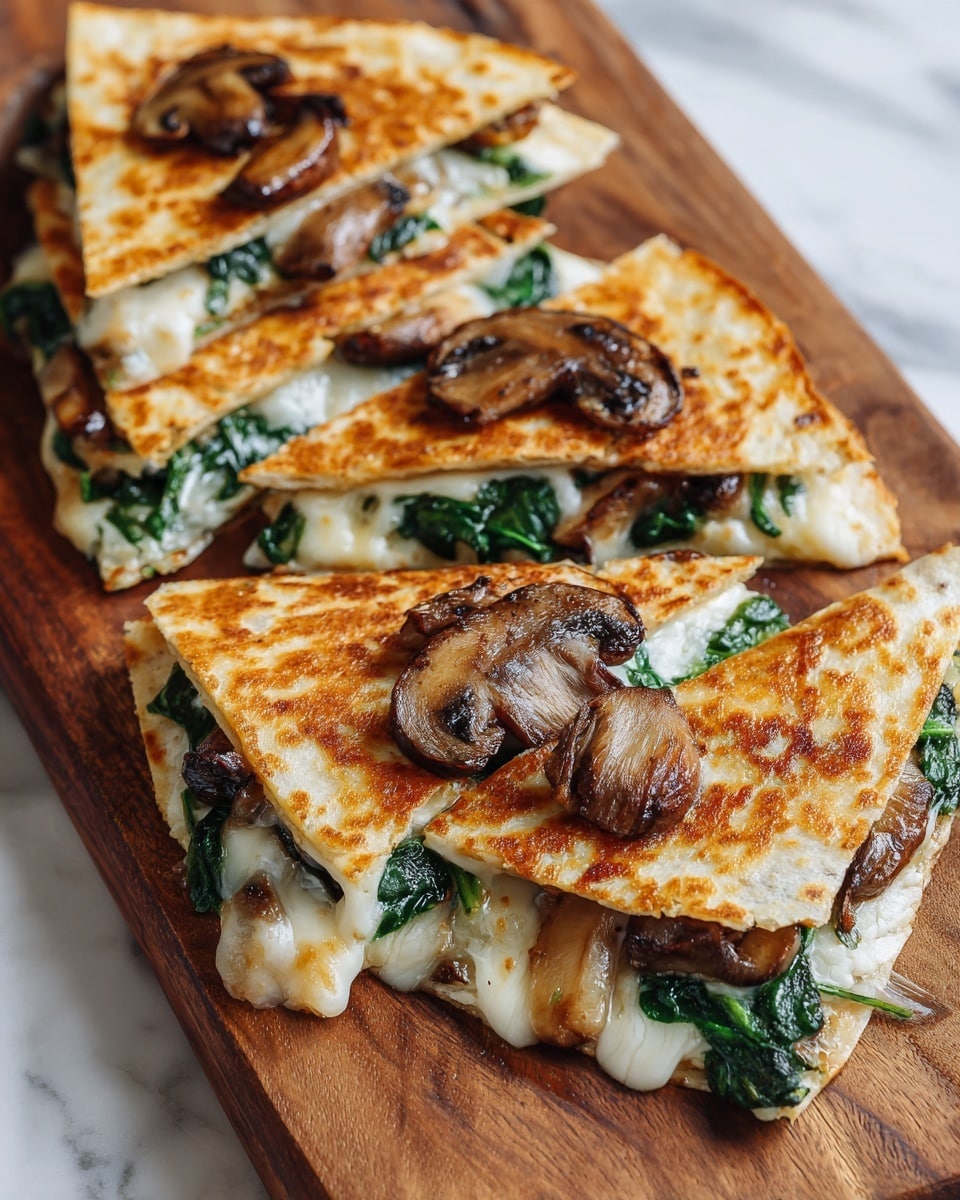 The image shows four folded white tortillas, each folded into a triangle and stuffed with melted light yellow cheese, sautéed spinach, and brown sliced mushrooms. The tortillas have golden-brown spots from cooking, and some mushrooms are placed on top of the cheese inside the folds. These quesadillas rest on a light wooden board, with a white marbled texture beneath. A woman's hand is seen at the edge, lightly touching one quesadilla. The overall look is fresh and warm, with melted cheese stretching slightly between the layers. photo taken with an iphone --ar 4:5 --v 7