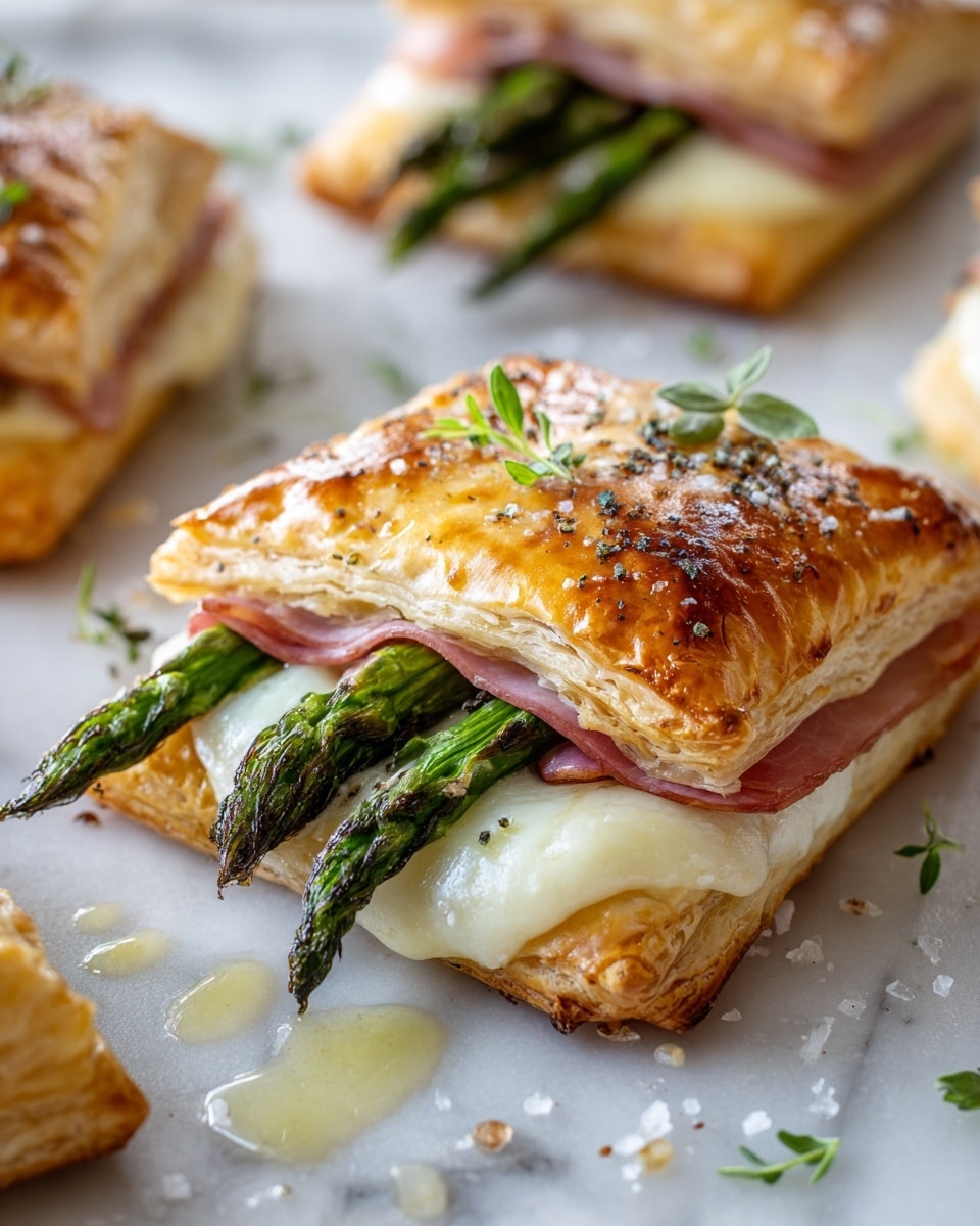 The image shows a golden-brown puff pastry pocket with a crispy, shiny top layer that is slightly browned and sprinkled with small green herb sprigs. Inside the open side of the pastry, there are three green grilled asparagus spears with charred tips, layered on top of melted creamy white cheese. Above the cheese, a folded thin slice of pink ham is visible, partially covered by the folded pastry edges. The pastry is placed on a wooden board with some scattered grains of salt and drops of oil around it. The background is a white marbled texture that is blurred. photo taken with an iphone --ar 4:5 --v 7