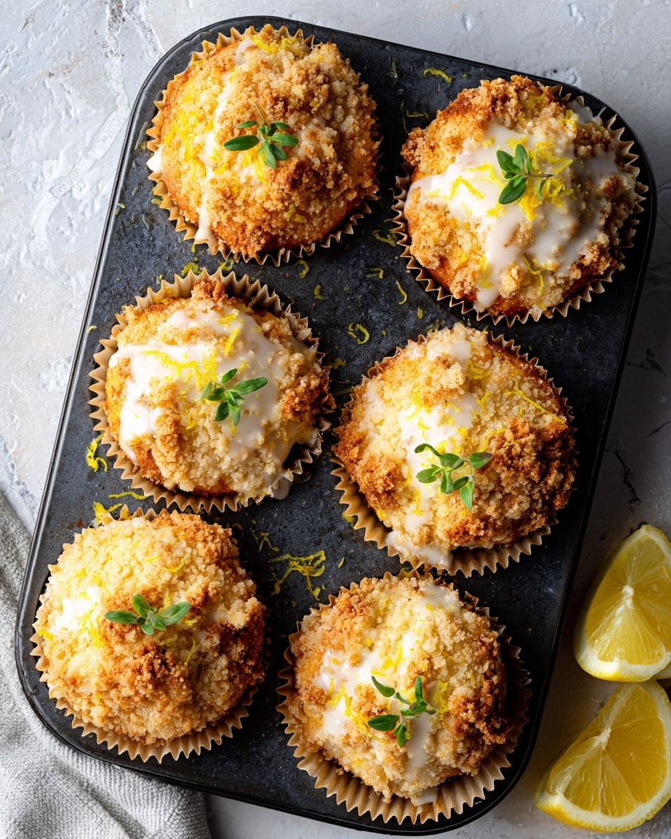 The image shows seven muffins in a dark muffin tray with white paper liners. Each muffin has three layers: the base is a golden brown muffin, topped with a light cream or glaze layer, and finished with a crumbly brown streusel topping. Small green herb sprigs and thin yellow lemon peel strips decorate the tops, adding a fresh touch. On the lower right corner, there are two lemon wedges with a bright yellow color and juicy texture. The background is a white marbled texture. photo taken with an iphone --ar 4:5 --v 7