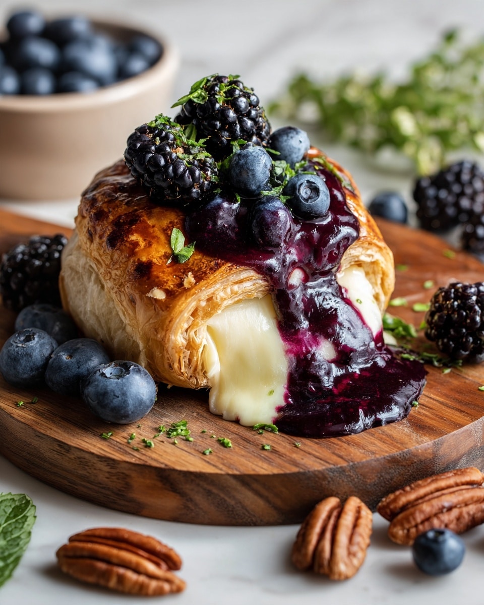 A golden brown puff pastry with a shiny, crisp texture is folded around soft, melted white cheese that oozes out onto the wooden board. On top, there is a dark purple jam-like layer mixed with small bits of fruit, spilling slightly alongside the cheese. The pastry is decorated with fresh dark blackberries and blueberries placed both on top and around it. Around the pastry, there are sprigs of green thyme and whole pecans with a warm brown color. The whole setup is on a white marbled surface. Photo taken with an iphone --ar 4:5 --v 7