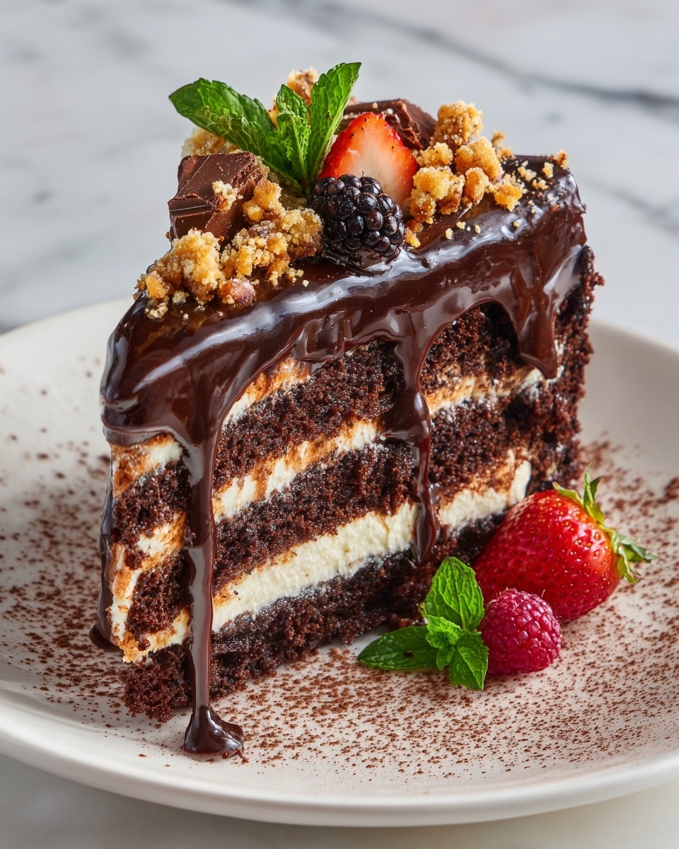 A slice of four-layer chocolate cake is shown with three dark chocolate sponge layers separated by three smooth milk chocolate cream layers. The cake is covered with shiny dark chocolate glaze that drips down the sides and top. On the top layer, there are small chunks of dark chocolate, golden crumb topping, a red strawberry, two blackberries, and small green mint leaves. There are a few blackberries and cocoa powder spread on a white plate beneath the cake. The background is a white marbled texture. photo taken with an iphone --ar 4:5 --v 7