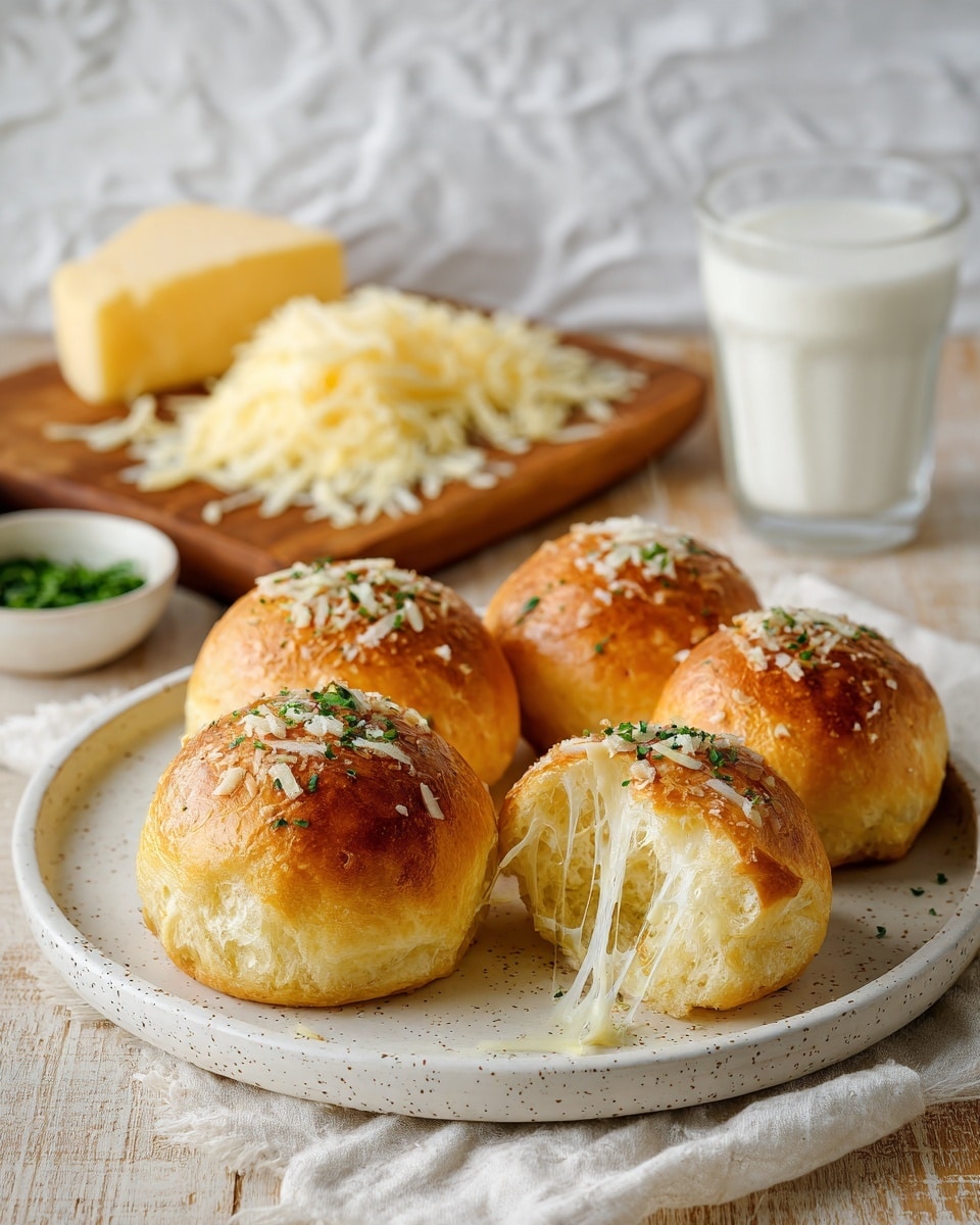 The image shows a white plate holding four golden brown bread rolls with a shiny crust sprinkled with herbs and breadcrumbs on top. One bread roll is broken open in the front, revealing a stretchy, melted white cheese inside. The bread looks soft and fluffy on the inside with a crispy outside layer. In the background, there is a wooden board with shredded cheese and a block of cheese, a white bowl with green herbs, and a glass of milk on a white marbled surface. The scene is bright and cozy, highlighting the fresh and warm bread rolls photo taken with an iphone --ar 4:5 --v 7