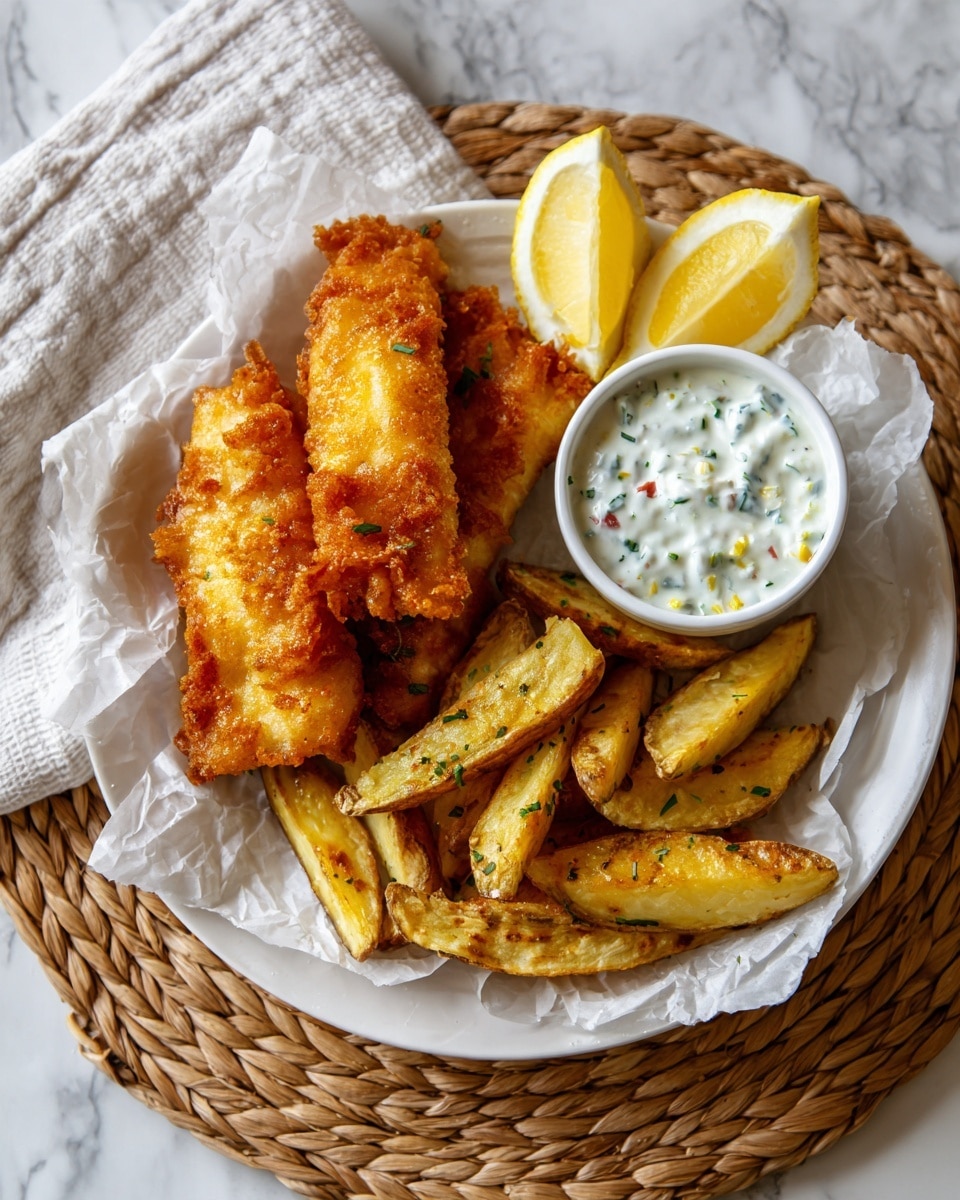 The white bowl is lined with crumpled white paper and filled with thick golden-brown potato wedges at the bottom as the first layer. On top, there are three long, crispy golden-brown fried fish sticks with a textured crunchy coating in the center. To the upper left inside the bowl, a small white dip cup with a creamy white sauce mixed with green herbs and small bits adds contrast. Two bright yellow lemon wedges wrapped in white paper rest behind the dip cup, completing the dish. The bowl sits on a white marbled surface beneath a woven circular placemat. photo taken with an iphone --ar 4:5 --v 7