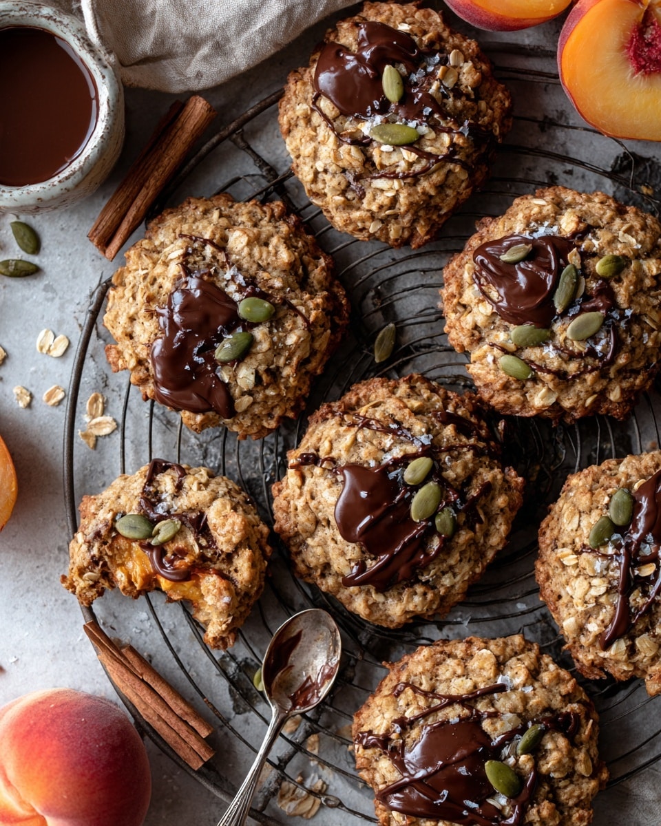 The image shows a group of large oatmeal cookies with visible oats and dark chocolate chunks spread on a dark metal tray with a cooling rack. Each cookie is drizzled with melted chocolate and some have green pumpkin seeds and a sprinkle of white coarse salt on top. One cookie is broken in half showing a soft and chewy inside filled with chocolate pieces. A silver spoon holding chocolate and seeds rests on the rack. The background is a white marbled texture with cinnamon sticks and a small peach for decoration. photo taken with an iphone --ar 4:5 --v 7