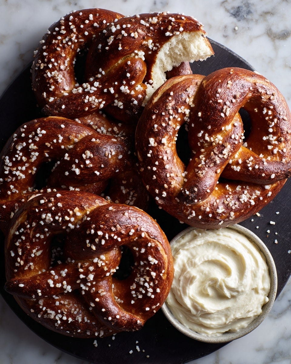 There are seven golden brown pretzels with coarse salt sprinkled on top, all arranged overlapping on a dark surface. One pretzel near the top left is held by a woman's hand, showing a bite taken out and revealing a soft inner texture. A knife with some cream cheese spread rests next to the pretzels, and in the bottom right corner, there is a small amount of white cream cheese in a white bowl. The background is a white marbled texture. photo taken with an iphone --ar 4:5 --v 7