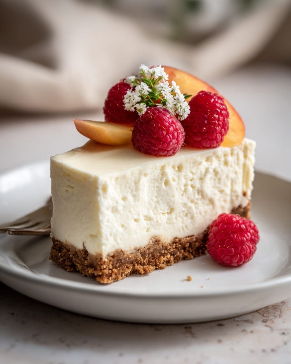 A slice of cheesecake sits on a white plate over a white marbled background. The cheesecake has three visible layers: a thick, crumbly brown crust at the bottom, a large creamy white middle layer with a smooth and rich texture, and a top layer made of thin peach-colored fruit slices and bright red raspberries arranged carefully. There is also a small white flower on top adding a delicate touch. In the background, there is another blurred slice of the same cheesecake. photo taken with an iphone --ar 4:5 --v 7