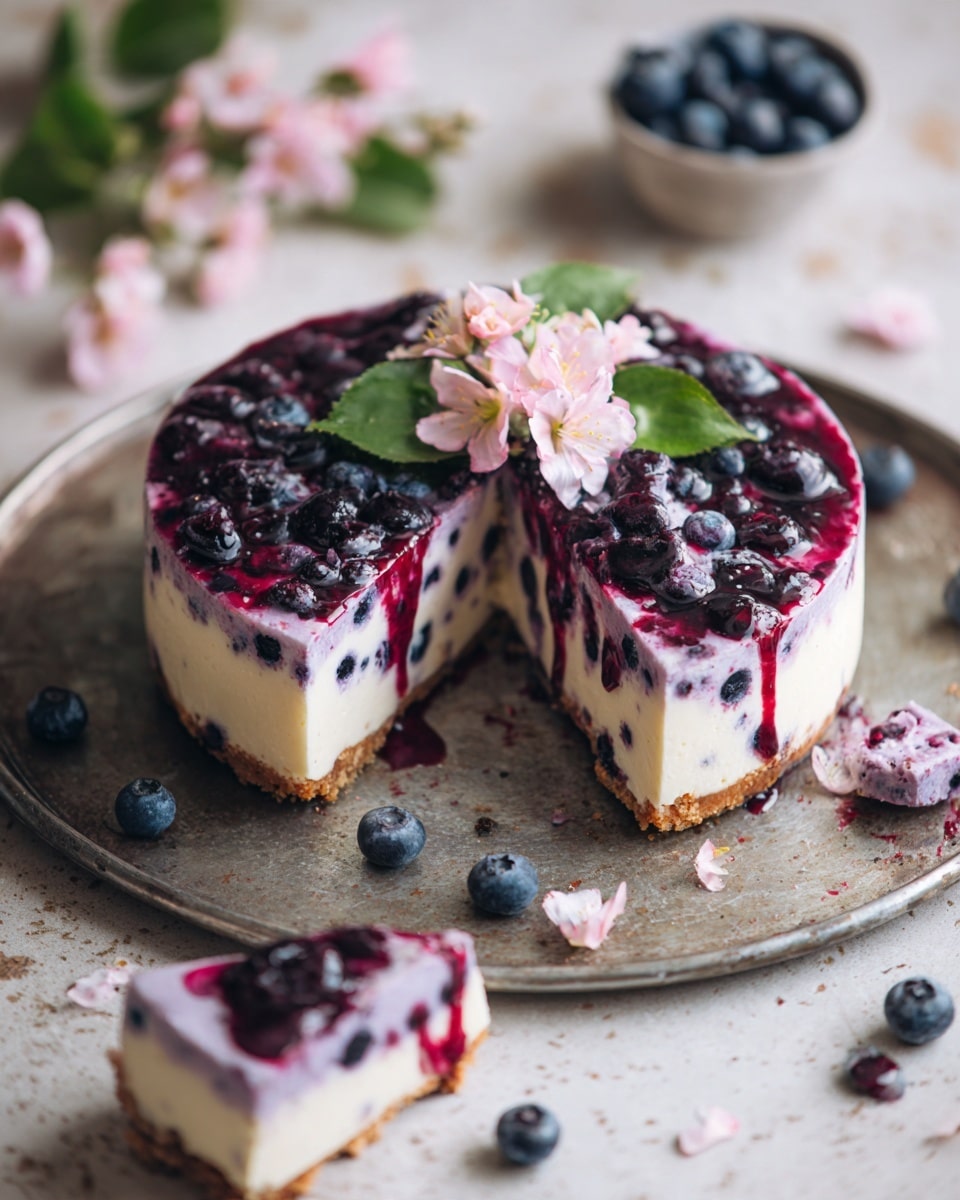 A round cake is placed on a gray metal tray sitting on a wooden table next to a white marbled surface. The cake has two main layers: a thick, light cream layer on the outside with a smooth texture and a swirled purple fruit layer underneath that looks soft and creamy, with pieces of dark berries scattered throughout. The cake is decorated with thin dark purple berry syrup drizzles on top and whole dark berries. A large pink and yellow flower with green leaves sits in the center of the cake. Several slices are cut out, showing the purple and cream layers inside. Around the tray are pieces of broken blueberry muffins with a golden-brown crust and berries visible inside. Two more flowers, one large and one small, lie next to the tray on the white marbled surface. The scene is bright and cozy with natural light. Photo taken with an iphone --ar 4:5 --v 7