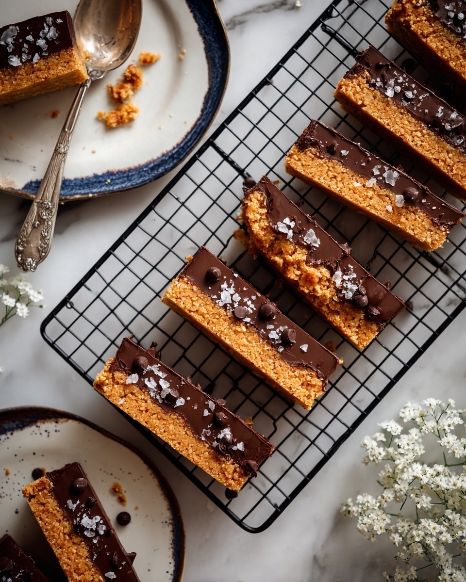 The image shows several square cookie bars placed on a black wire cooling rack over a white marbled surface. Each bar has two layers: a darker, rich chocolate base and a golden brown top with a slightly crumbly texture, dotted with some chocolate chips and sprinkled with coarse salt. The cookie bars have uneven edges and one bar is partially eaten, showing the soft, moist texture inside. To the left side, there is a white plate holding more bars with an antique silver spoon resting on it, surrounded by small white flowers, adding a rustic touch. The lighting highlights the golden top of the bars and the glossy chocolate chips, making the dessert look warm and inviting. Photo taken with an iphone --ar 4:5 --v 7