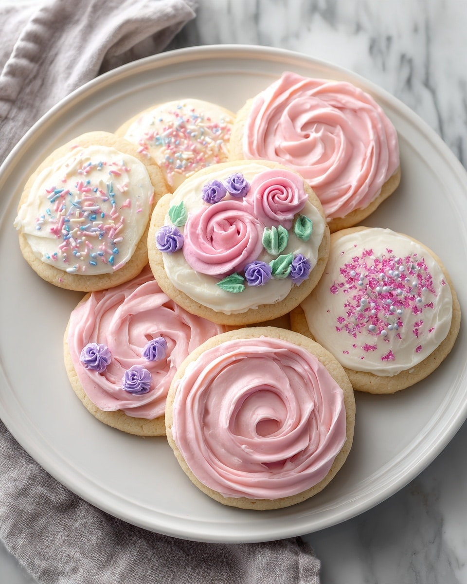 A white plate holds seven round sugar cookies with different frostings, all on a white marbled surface. One cookie in the front has a thick, swirled layer of light pink frosting covering the top, with a soft, textured look. Another nearby cookie has a smooth white frosting base with a raised pink rose swirl in the center, surrounded by small blue-green leaf-like shapes and purple flowers made of icing. There is a cookie with a smooth layer of white frosting topped with small round sprinkles in pale blue and pink, arranged densely. Several other cookies have thick, swirled light pink frosting layers, with one cookie topped with tiny round purple and pink sprinkles scattered over the pink frosting. The whole scene is cozy with natural light. photo taken with an iphone --ar 4:5 --v 7