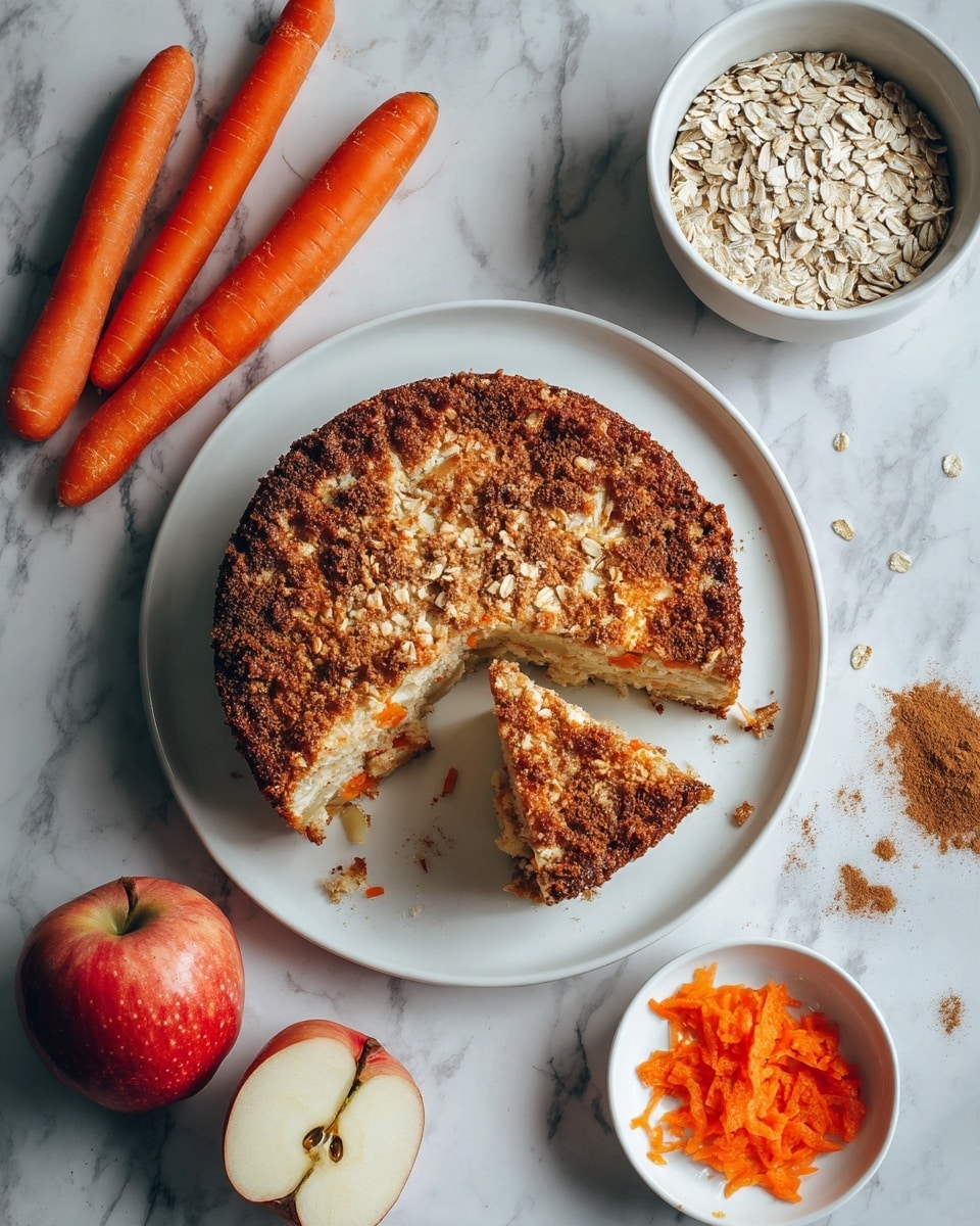 A round carrot apple cake with one slice cut and slightly pulled out, showing a soft inside filled with small orange and light yellow pieces; the top of the cake is covered with raw oat flakes and a light dusting of brown cinnamon powder; the cake is on a white plate set on a white marbled background; around the plate are two whole carrots, a whole apple and a half apple showing its inside, a small bowl of raw oats, a small bowl of cinnamon powder, some scattered oats, and a small pile of shredded carrots; a white and gray striped cloth is partly visible at the bottom left corner; photo taken with an iphone --ar 4:5 --v 7