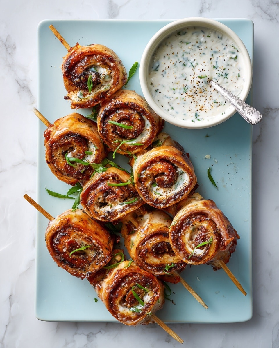 The image shows multiple swirled rolls of grilled flatbread threaded on wooden skewers, arranged in rows on a large white plate. Each roll has visible layers of browned, slightly crispy outer dough with dark, spicy filling spiraled inside. Small green parsley leaves are scattered over the rolls, adding a fresh touch. To the right side of the plate, there is a small bright yellow bowl filled with thick white sauce sprinkled with black pepper and garnished with herbs, with a silver spoon resting inside. The plate is set on a surface with a white marbled texture. Photo taken with an iphone --ar 4:5 --v 7