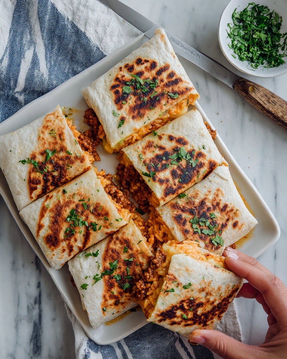 The image shows several toasted wraps on a white rectangular plate with a wooden-handled knife beside it. Each wrap has a golden brown, slightly charred outer layer. Inside, there are three clear layers visible: a light orange melted cheese layer closest to the wrap, a light brown minced meat layer in the middle mixed with small bits of orange vegetables, and a creamy white sauce layer on the innermost part. Small green herb pieces are sprinkled on top and around the wraps. The plate rests on a white marbled surface next to a blue and white striped cloth. Photo taken with an iphone --ar 4:5 --v 7