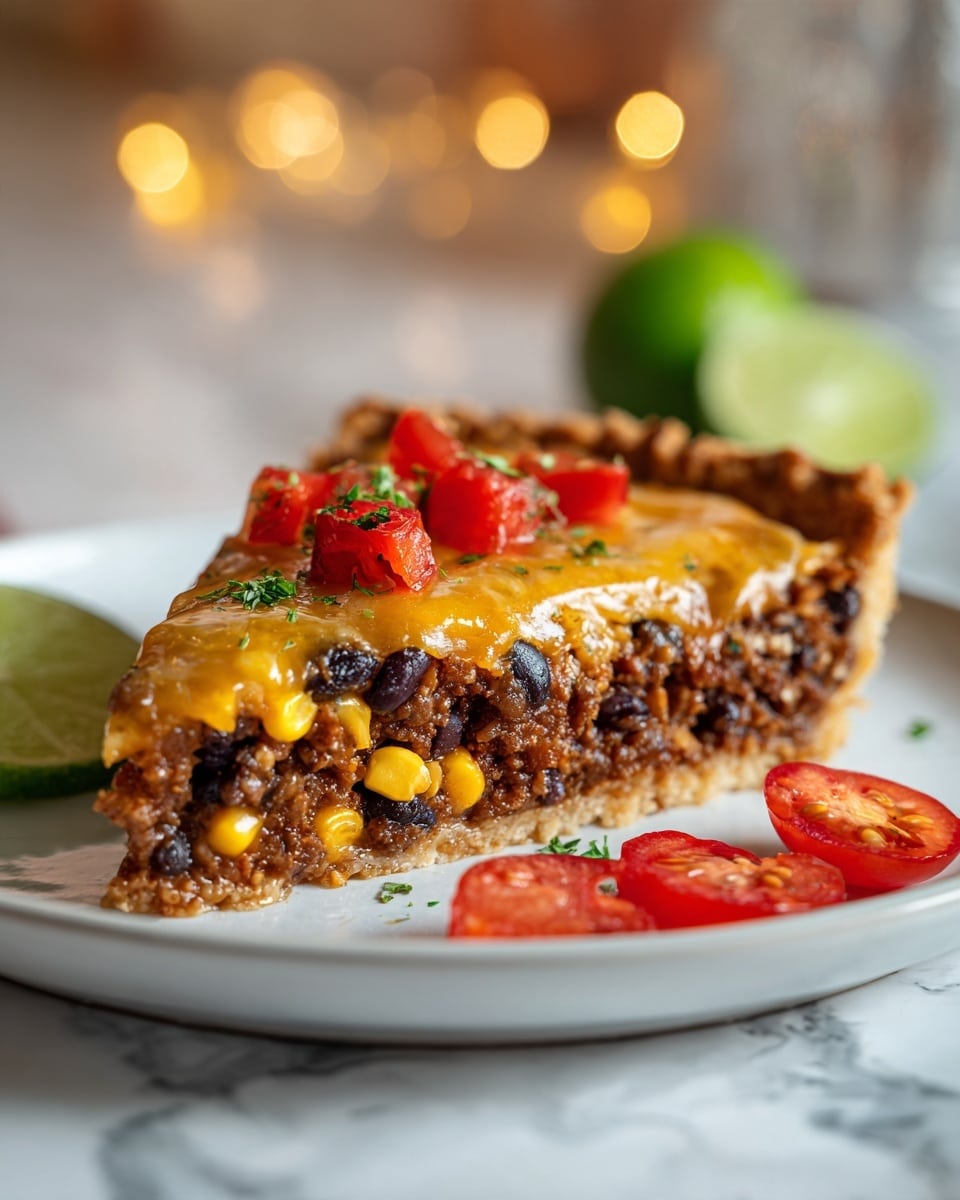 A close-up of a slice of meat and bean pie on a white plate, placed on a white marbled surface with a gray cloth underneath. The slice has four layers: the bottom layer is a light golden flaky crust, the second layer is a thick mix of minced meat, black beans, and corn with a dark brown texture, the third layer is melted bright orange cheddar cheese covering the filling, and the top layer is garnished with chopped fresh red tomatoes and green herbs. Around the slice, there are lime wedges and scattered tomato pieces. Photo taken with an iphone --ar 4:5 --v 7