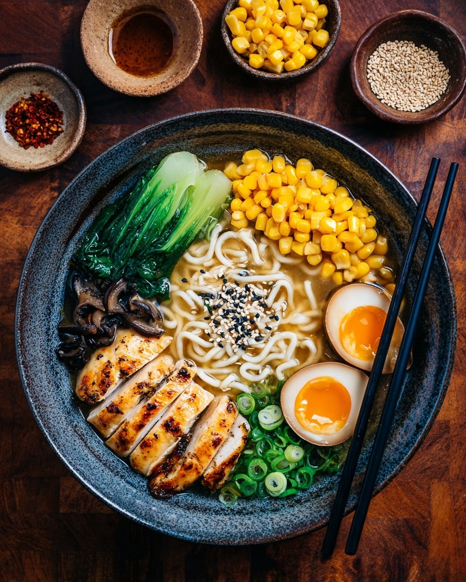 A bowl with curly ramen noodles at the bottom, topped with several slices of golden brown grilled chicken sprinkled with white sesame seeds, bright yellow corn kernels to the left, light green baby bok choy to the right, warm brown cooked mushroom slices below the chicken, fresh green chopped scallions near the half of a soft-boiled egg with a bright orange yolk at the bottom right. The bowl is white with a textured gray outside, and black chopsticks rest on top of the noodles. The background is a white marbled texture. Photo taken with an iphone --ar 4:5 --v 7