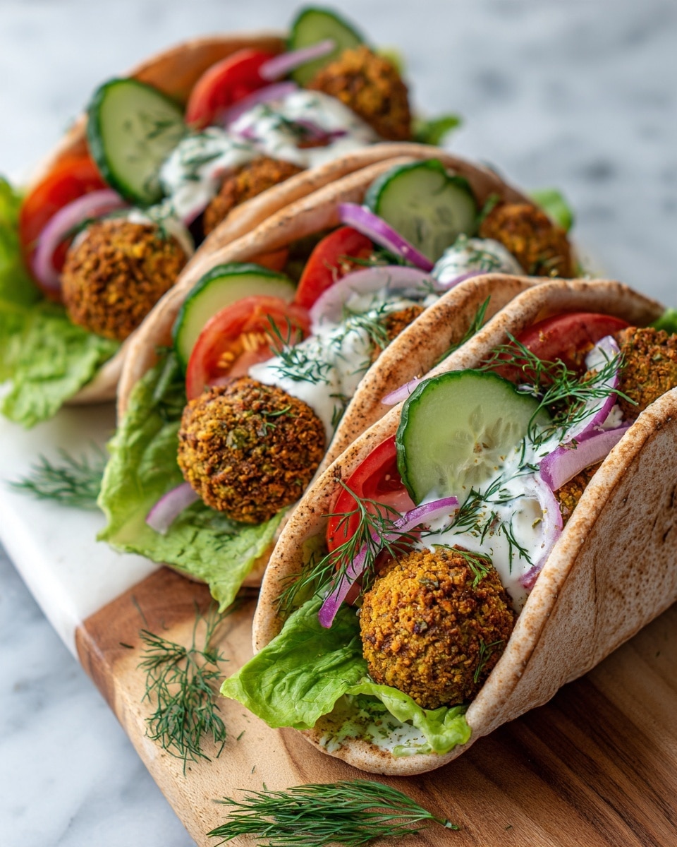 Four pita wraps lie on a white marbled surface, each filled with three round, golden-brown falafel balls in the center. The bottom layer inside the pita is a bright green lettuce leaf, topped with thin slices of red tomato and pale green cucumber rounds. Thin strips of purple onion are scattered on top, along with dollops of white creamy sauce. Small green sprigs of dill are placed on the sauce and around the filling, adding a fresh touch. The pita bread is light beige with slightly toasted spots, soft and folded to hold the ingredients. photo taken with an iphone --ar 4:5 --v 7