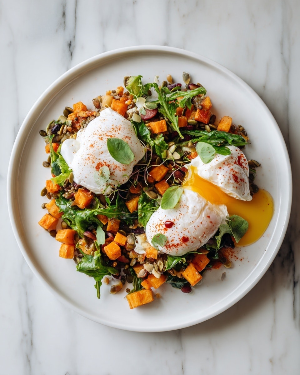 A white bowl filled with a colorful mix of cooked ground meat, orange roasted sweet potato cubes, dark beans, green spinach leaves, and small red pieces, all mixed evenly. On the right side, two poached eggs with white soft edges and runny yellow yolks, sprinkled with black pepper. There are two red sauce lines drizzled over the eggs and the center of the dish, along with a small dollop of white cream topped with green cilantro leaves in the middle. The bowl sits on a white marbled surface. photo taken with an iphone --ar 4:5 --v 7
