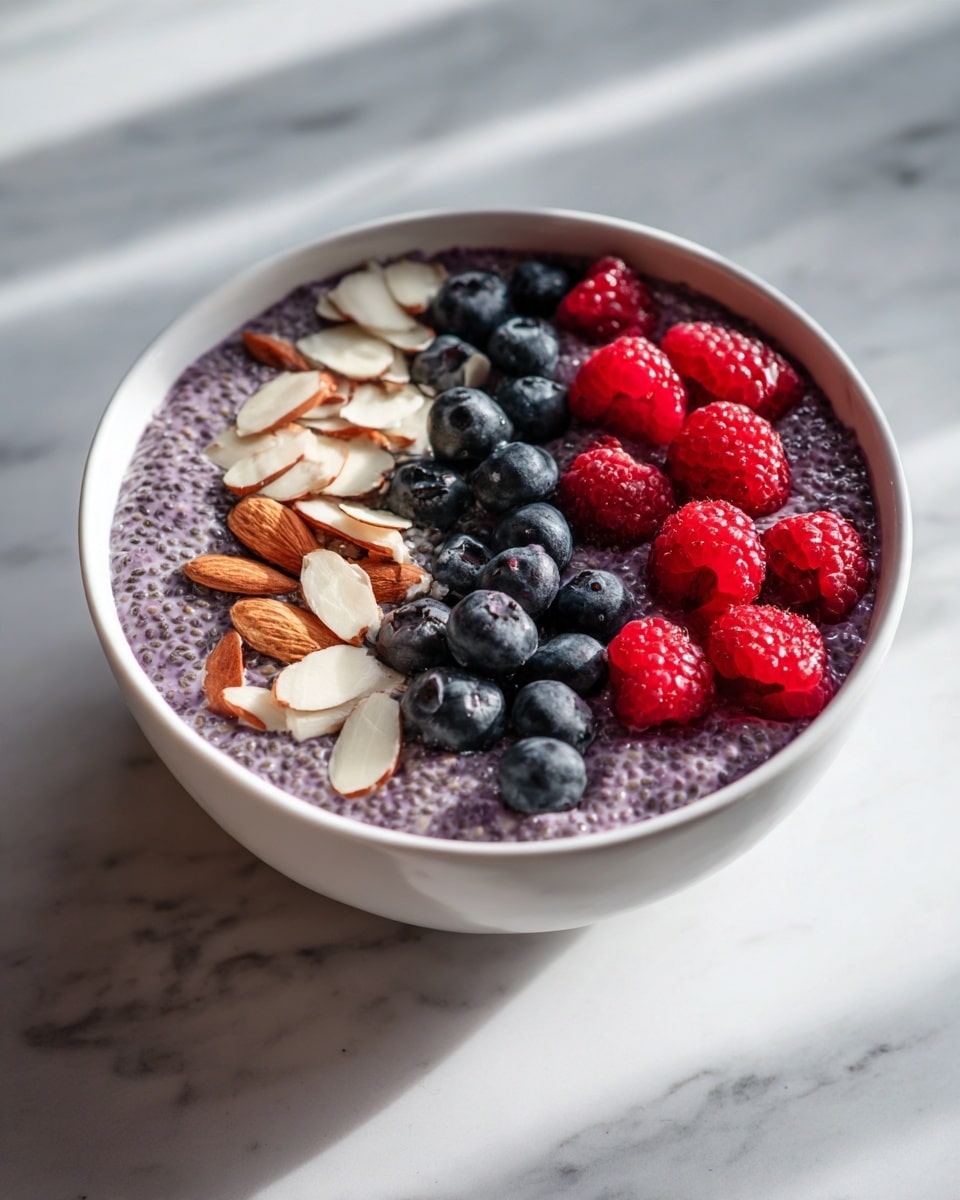 A white bowl filled with three main layers: the bottom layer is a purple chia pudding with visible chia seeds giving a bumpy texture, topped with three neat rows of toppings — on the left, thin off-white almond slices; in the middle, round, dark blue blueberries with a slightly shiny, smooth surface; and on the right, bright red raspberries with a rich bumpy texture. The bowl is placed on a white marbled surface with soft natural light casting shadows. Photo taken with an iphone --ar 4:5 --v 7