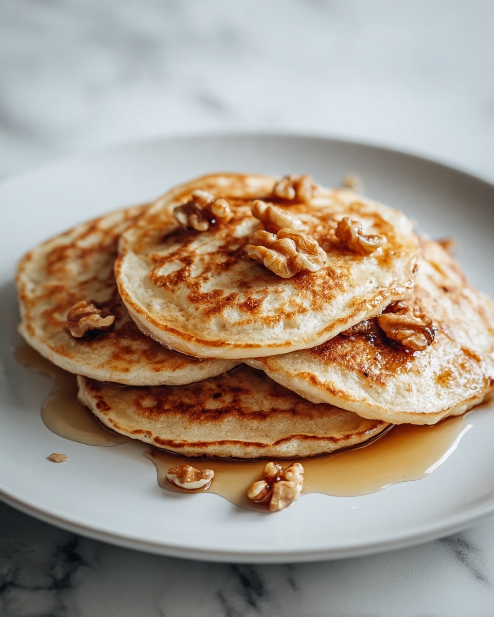 Four golden brown pancakes sit on a white plate, lightly overlapping each other in a loose circle. Each pancake has a slightly uneven, textured surface with darker brown spots where they were cooked. On top of each pancake, small clusters of light brown walnut pieces are scattered, adding a rough and chunky texture. A thin layer of glossy syrup is gently poured over and around the pancakes, creating small shiny puddles on the plate. The plate rests on a white marbled surface. photo taken with an iphone --ar 4:5 --v 7