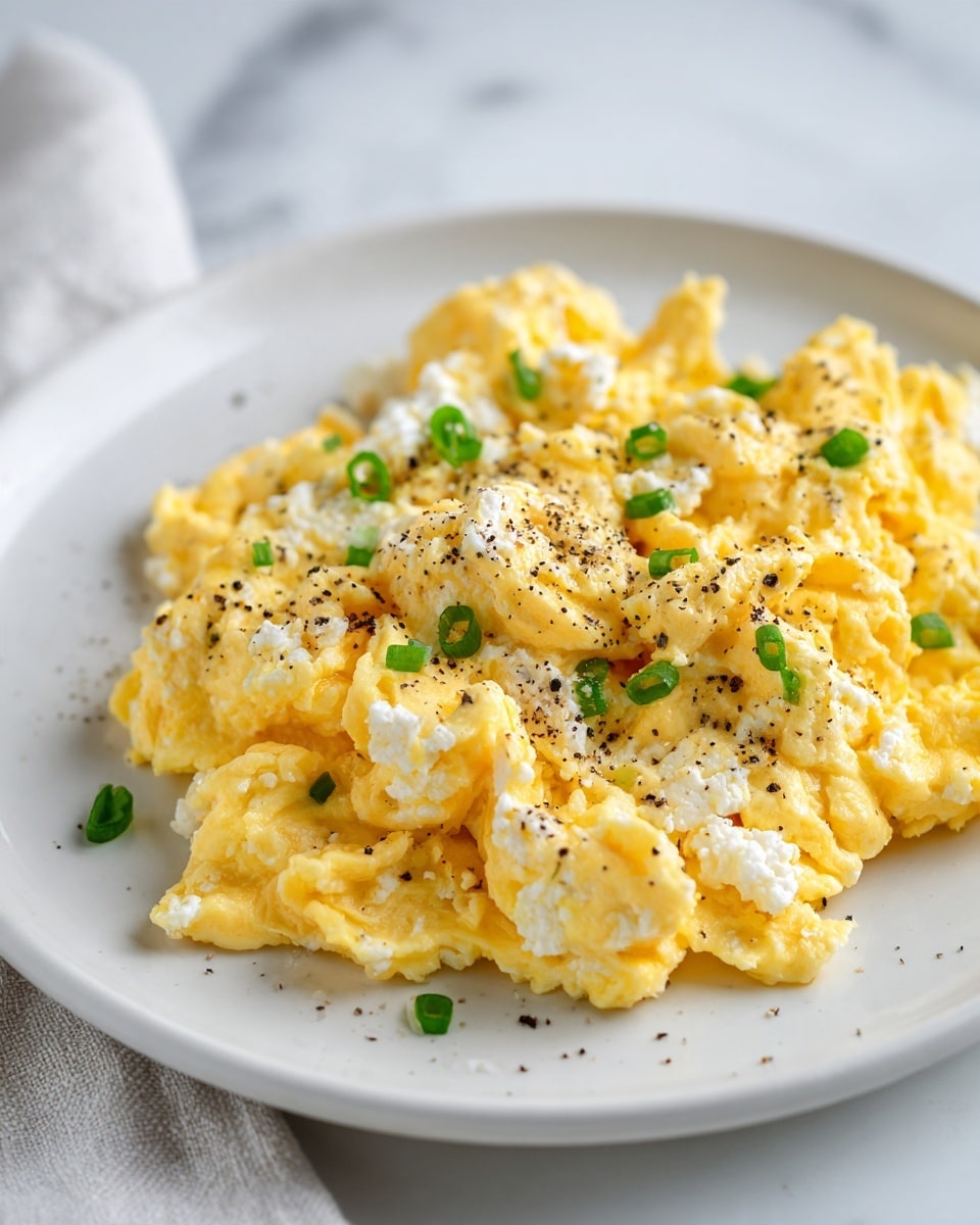 A white round plate holds a flat layer of soft, yellow scrambled eggs mixed evenly with white curds of cottage cheese. Small green onion pieces are scattered over the top, adding a fresh pop of color. Tiny black specks of ground pepper are sprinkled both on the eggs and cheese, giving a slight contrast. The whole dish sits on a white marbled surface. Photo taken with an iphone --ar 4:5 --v 7