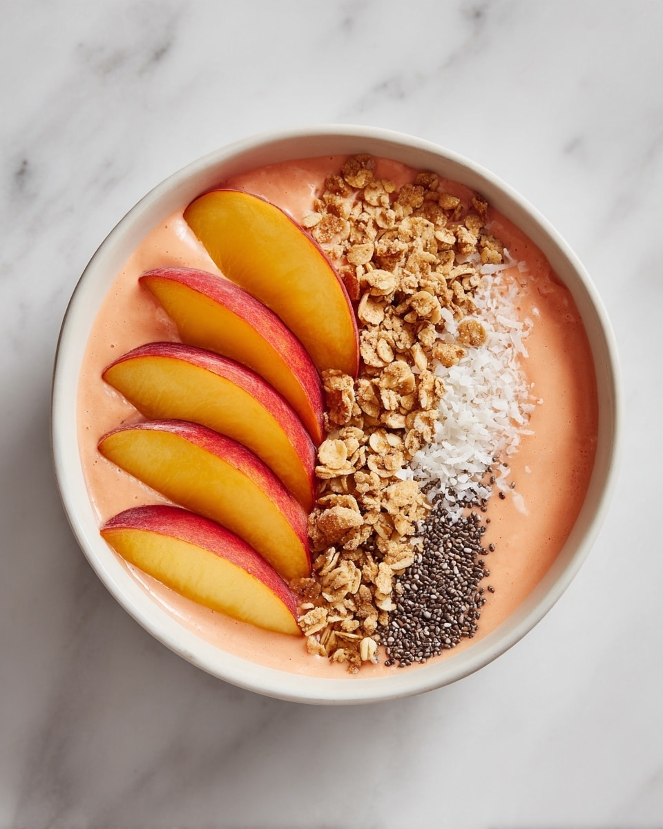 A white bowl sits on a white marbled surface filled with a creamy, light orange smoothie base. On top, five peach slices with red edges and bright yellow insides form a neat row on the left side. Next to the peaches is a thin strip of golden brown granola mixed with small white coconut flakes. To the right of the granola, there is a line of tiny, round, black chia seeds spread evenly. The smooth texture of the base contrasts with the rough granola and seeds, all arranged in neat, separate layers. photo taken with an iphone --ar 4:5 --v 7